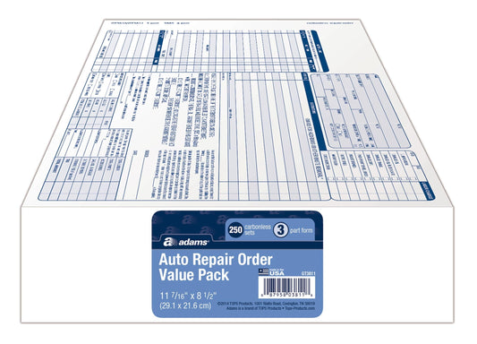 Adams Garage Repair Order Forms, 8.5 x 11 Inch, 3 Parts, 250-Count, White and Canary and White Tag (GT3811)