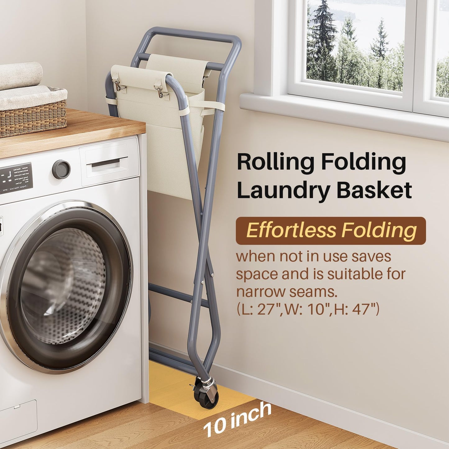 No-Bend Laundry Cart- Rolling Hamper with Locking Wheels & Handle, Foldable Basket Screw-Free Assembly, Durable Metal Frame & Removable Liner Bag for Bedroom & Bathroom (Beige)