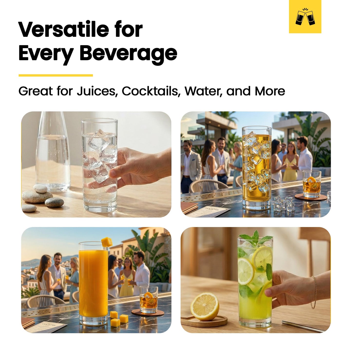 LEMONSODA Highball Glasses Set of 6 | 12oz Lead-Free Glass | Dishwasher Safe Sturdy Base | Clear Crystal Glass Tumblers for Mojito Whiskey Cocktail Bar Glassware Gift Box Included