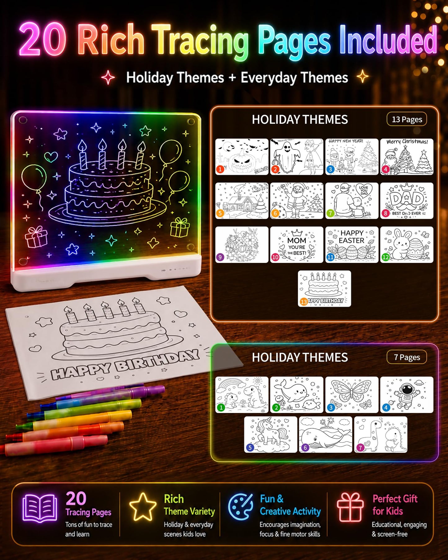 JoyRapt LED Drawing Board for Kids, 16 Inch Light Up Drawing Tablet with 7 Markers & Tracing Book, 3 Modes & 9 Brightness, Art and Craft Drawing Supplies, Girl Birthday Gifts, Room Decor Toys (White)