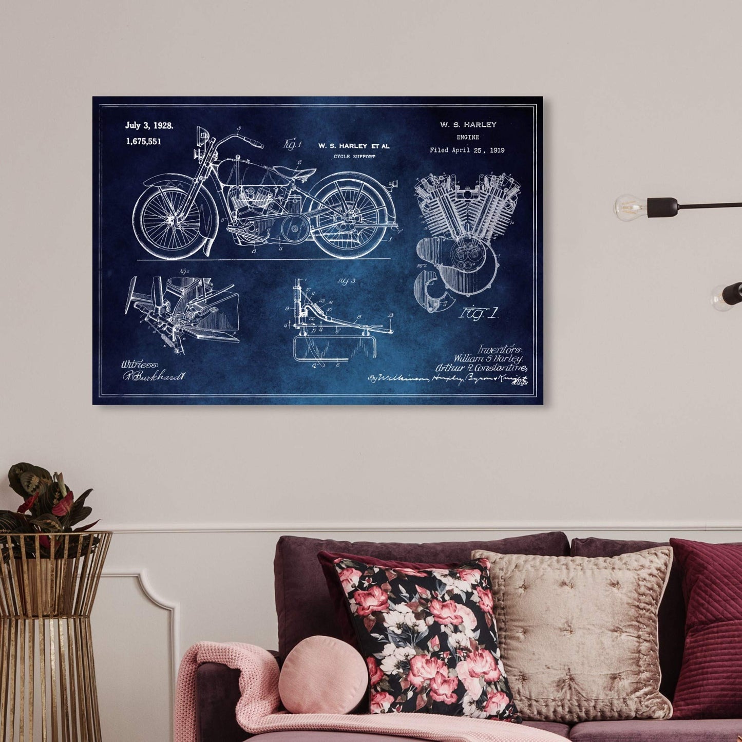 Wynwood Studio Transportation Wall Art Canvas Prints 'Harley Engine 1923 Set Horiz Chalkboard' Home Décor, 30" x 20", Blue, White