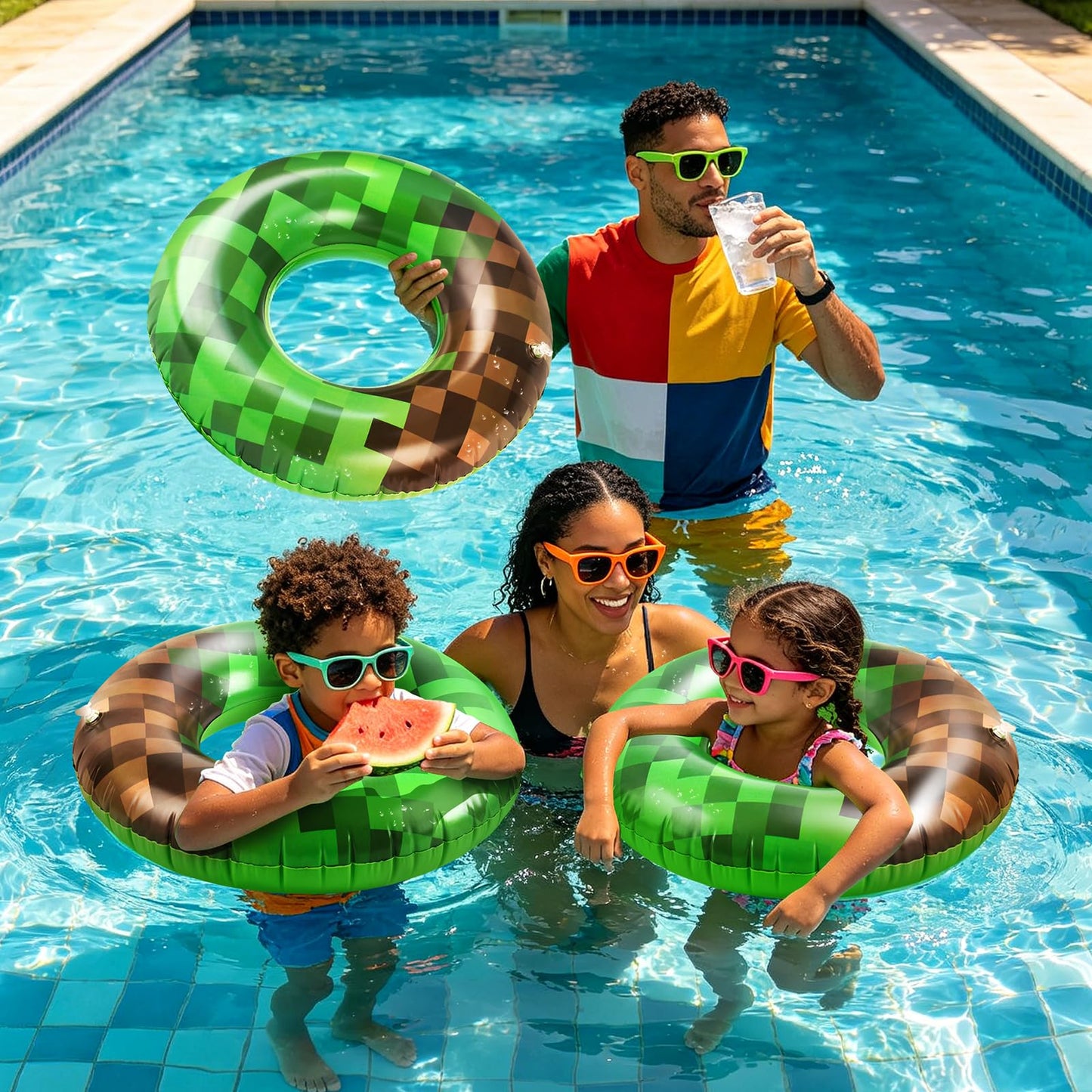 4 Pcs Pixel Party Pool Floats, 24 Inch Green Pixel Art Swim Rings for Kids Ages 5-8 Pool Tube, Inflatable Pool Toys for Hawaiian, Beach, Water Park Fun