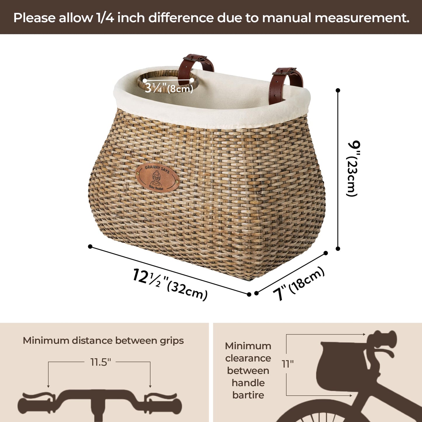 GRANNY SAYS Bike Basket Front, Natural Rattan Wicker Bike Baskets, Bicycle Basket with Cup Holder, Handmade Woven Bike Baskets for Women and Men, Storage Basket for Beach Cruisers, Ebikes Set of 1