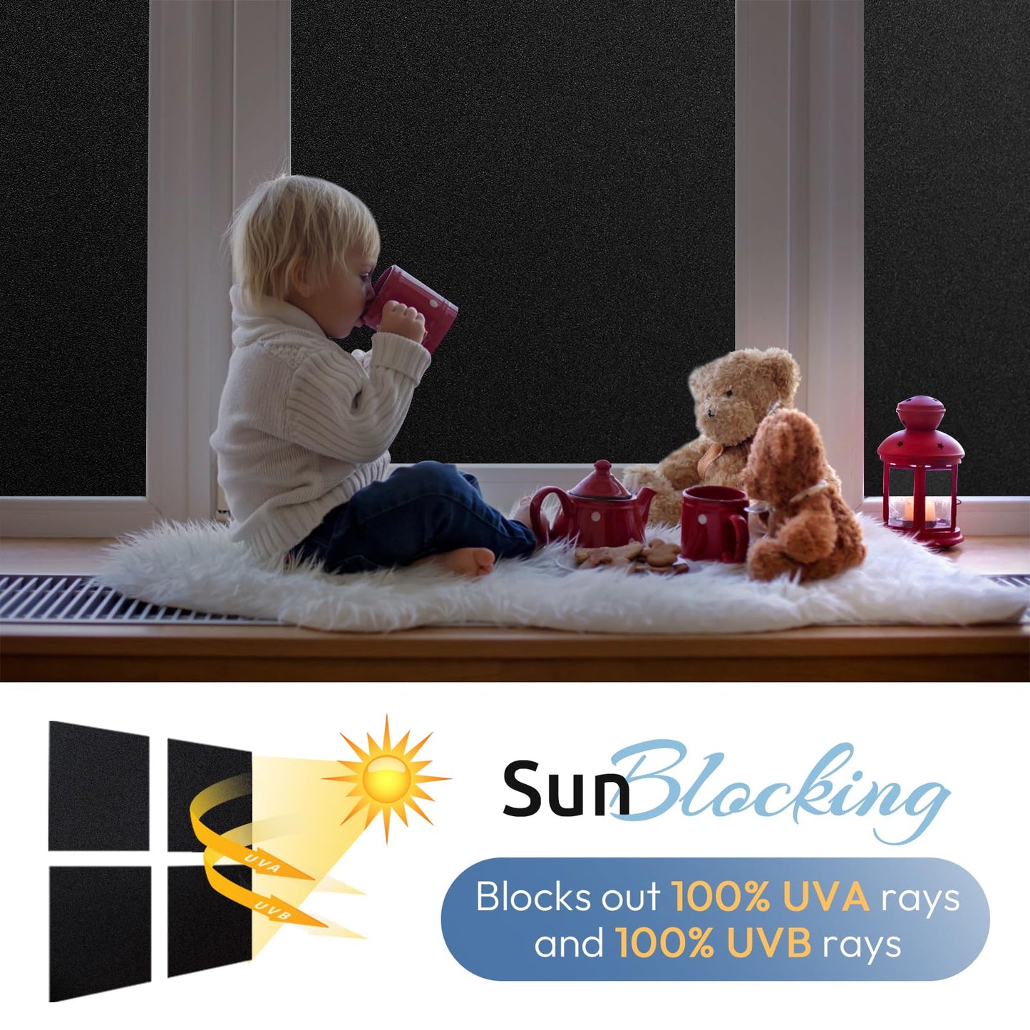 rabbitgoo Blackout Window Film, Removable Window Tint in House Static Cling, Darkening Privacy Heat & Light Blocking, Window Cover Day Sleep for Home Garage Bedroom Black 29.5 x 118.1 Inches