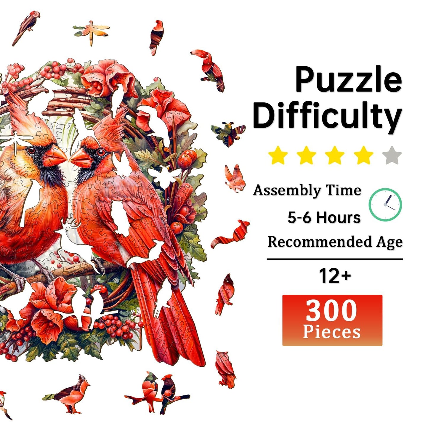 Jigfoxy Wooden Puzzles for Adults, Cardinal Wood Puzzles Adult, Unique Animal Shape Wooden Jigsaw Puzzles for Adults, Birthday Gifts for Puzzle Lovers, Family, Friend (L-13.3 * 13.3in-300 pcs)