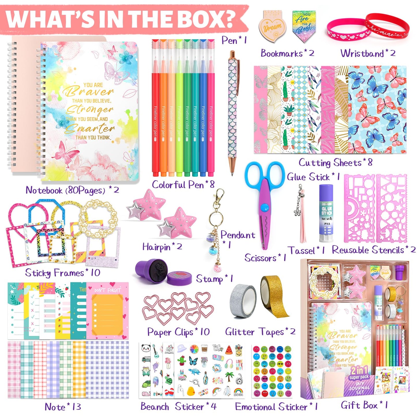 2 Pack DIY Journal Kit, 73pcs Journal Set for Teen Girls, Stationery Set, Scrapbook & Diary Supplies Set, Ideal Gifts for 8 9 10 11 12 13 14 Year Old Girl