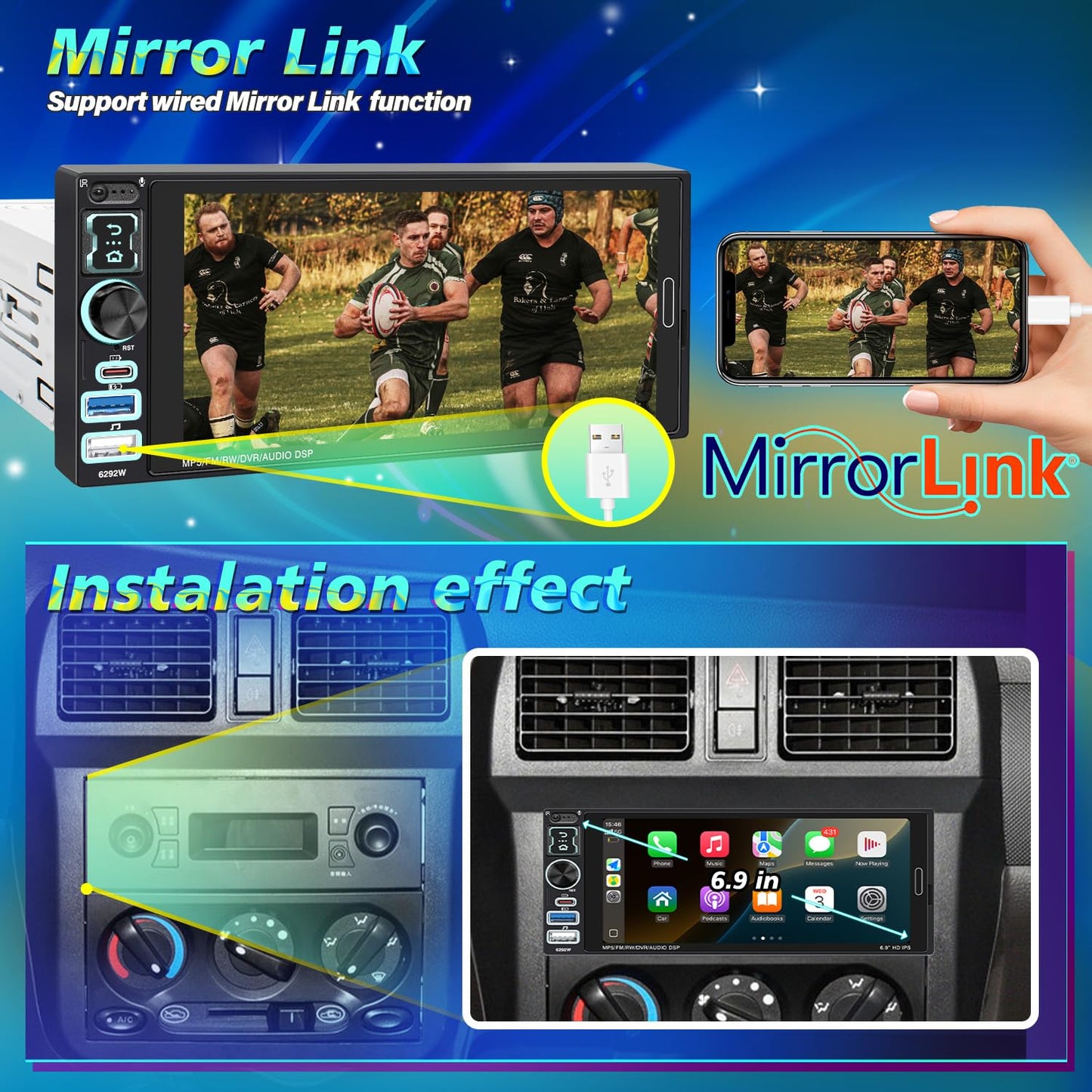 Single Din Car Stereo with Wireless Apple Carplay & Android Auto, 6.9" IPS Touchscreen Radio Bluetooth 5.2, Physical Knob Control, Waterproof Backup Camera, FM, MirrorLink, USB/Type-C, Navigation