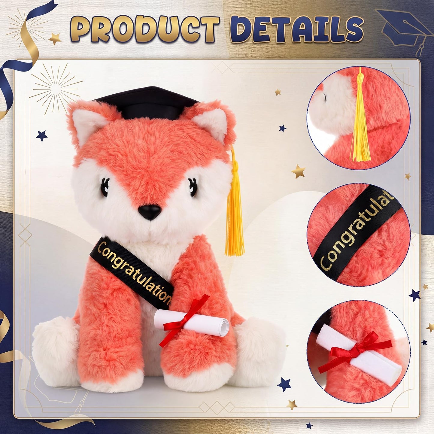Hungdao Graduation Fox Plush Toy Gifts Set 8.6" Fox Stuffed Animal with Black Cap, Sash, Greeting Card and Artificial Rose for 2026 High School College Kindergarten Graduation Party Gifts