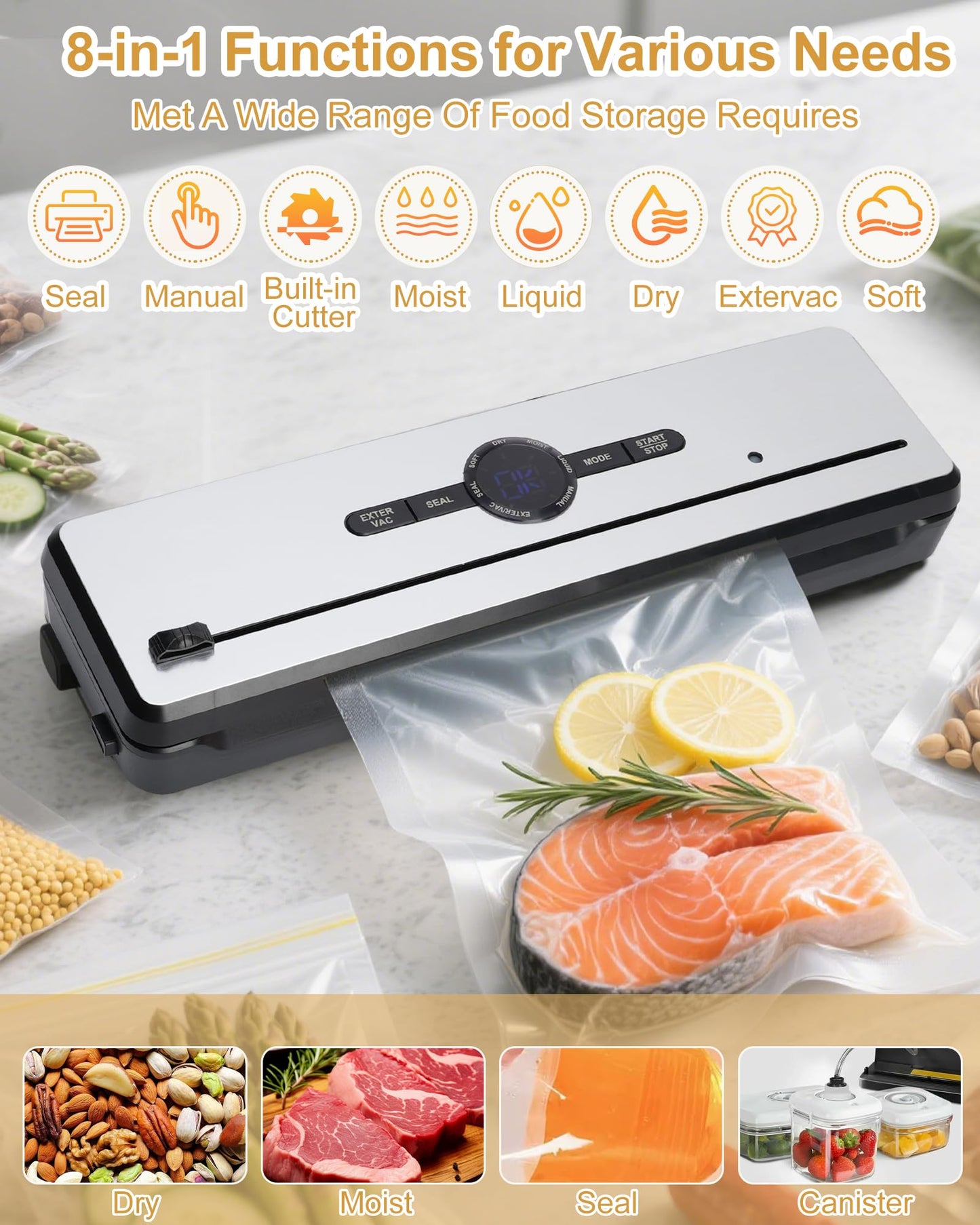 Presoviia Vacuum Sealer Machine 135W - Auto-Stop Food Sealer with Built-in Cutter, 8-in-1 Smart Modes, 5 Vacuum Bags Included, Compact Food Saver for Meal Prep, Sous Vide, Bulk Storage