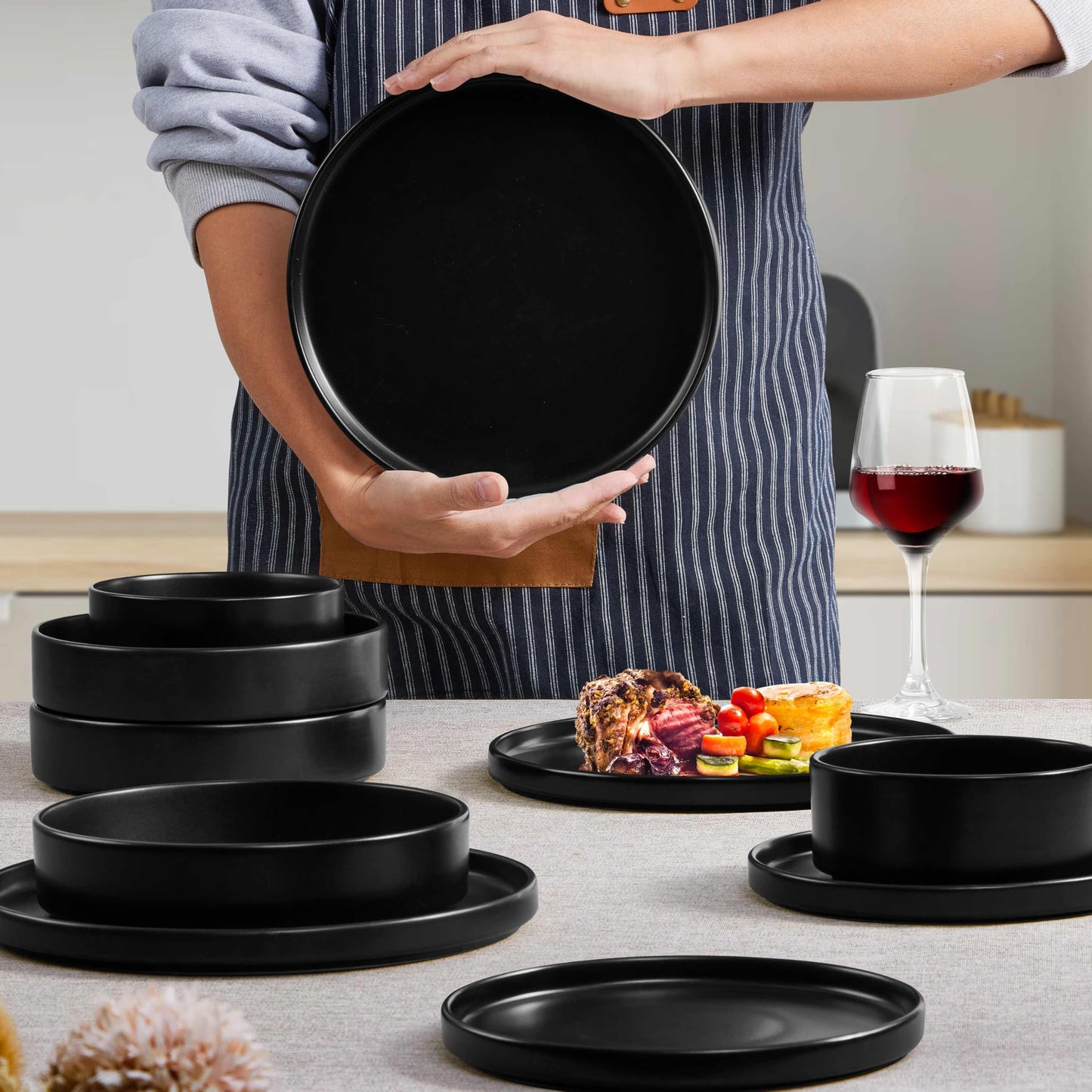 Herogo Dinnerware Sets with Pasta Bowls for 4, 16 Piece Dinner Salad Plates and Cereal Serving Bowls, Stoneware Dishes Dinner Ware for Home Kitchen, Chip & Scratch Resistant, Matte Black