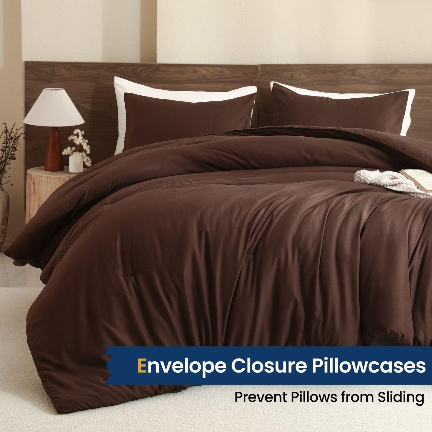 Paxrac Brown Oversized Queen Comforter Set 98x98In, 3 Pieces Comforter Set, Lightweight Solid Bedding Set, All Seasons Soft Fluffy Bed Set (1 Comforter & 2 Pillowcases)