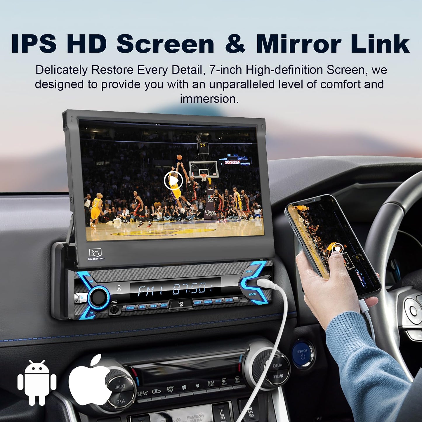 2025 7-inch Motorized Flip-Out Single Din Car Stereo with Apple CarPlay & Android Auto, Bluetooth, HD Touchscreen, Backup Camera, USB/SD/AUX Input, AM/FM Radio, Subwoofer Support & DSP