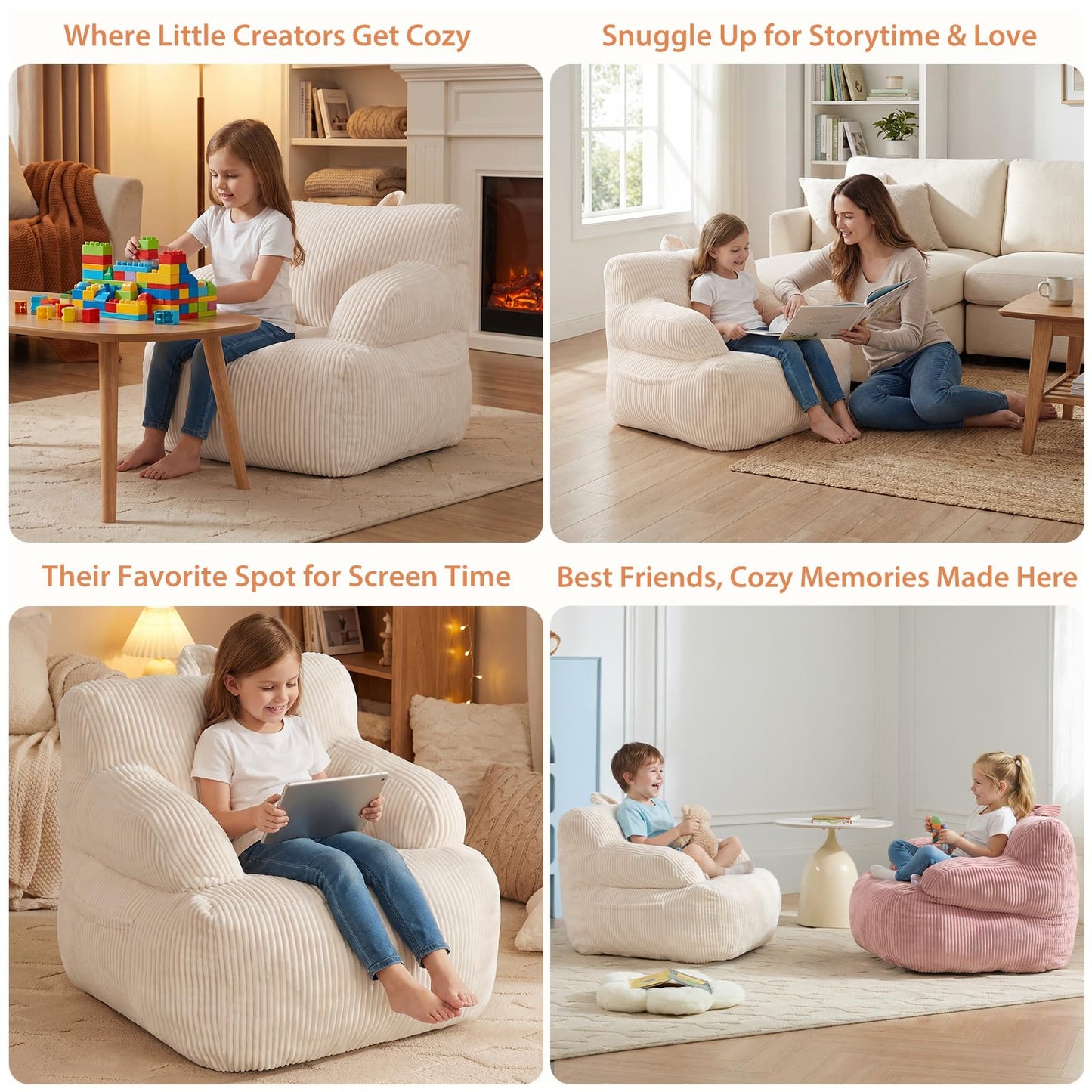Bean Bag Chairs for Kids with Armrests, Comfy Kids Bean Bag Chair, Stuffed Toddler Bean Bag Sofa for Boys and Girls, Small Bean Bags for with Pocket, Floor Chair for Gaming, Reading & Relaxing, Beige