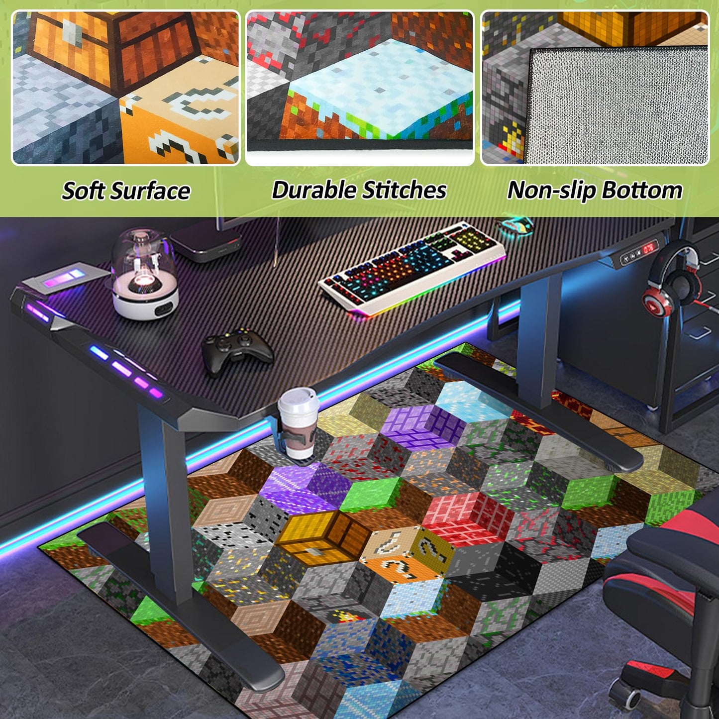 Block Game Rug Teen Boys Carpet with Pixel Games Element Decoration Mat, Cube Block Game Rugs for Boy’s Bedroom Living Room Playroom, Non-Slip Children Gaming Area Rugs (79" x 59")