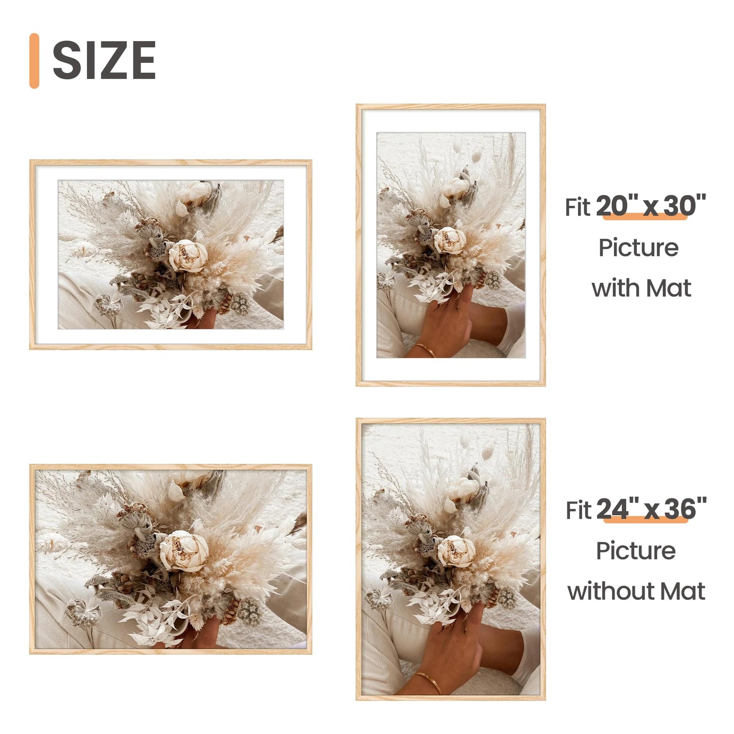 upsimples 24x36 Poster Frame, Display Pictures 20x30 with Mat or 24x36 Without Mat, Wall Hanging Picture Frame, Natural Style, 1 Pack