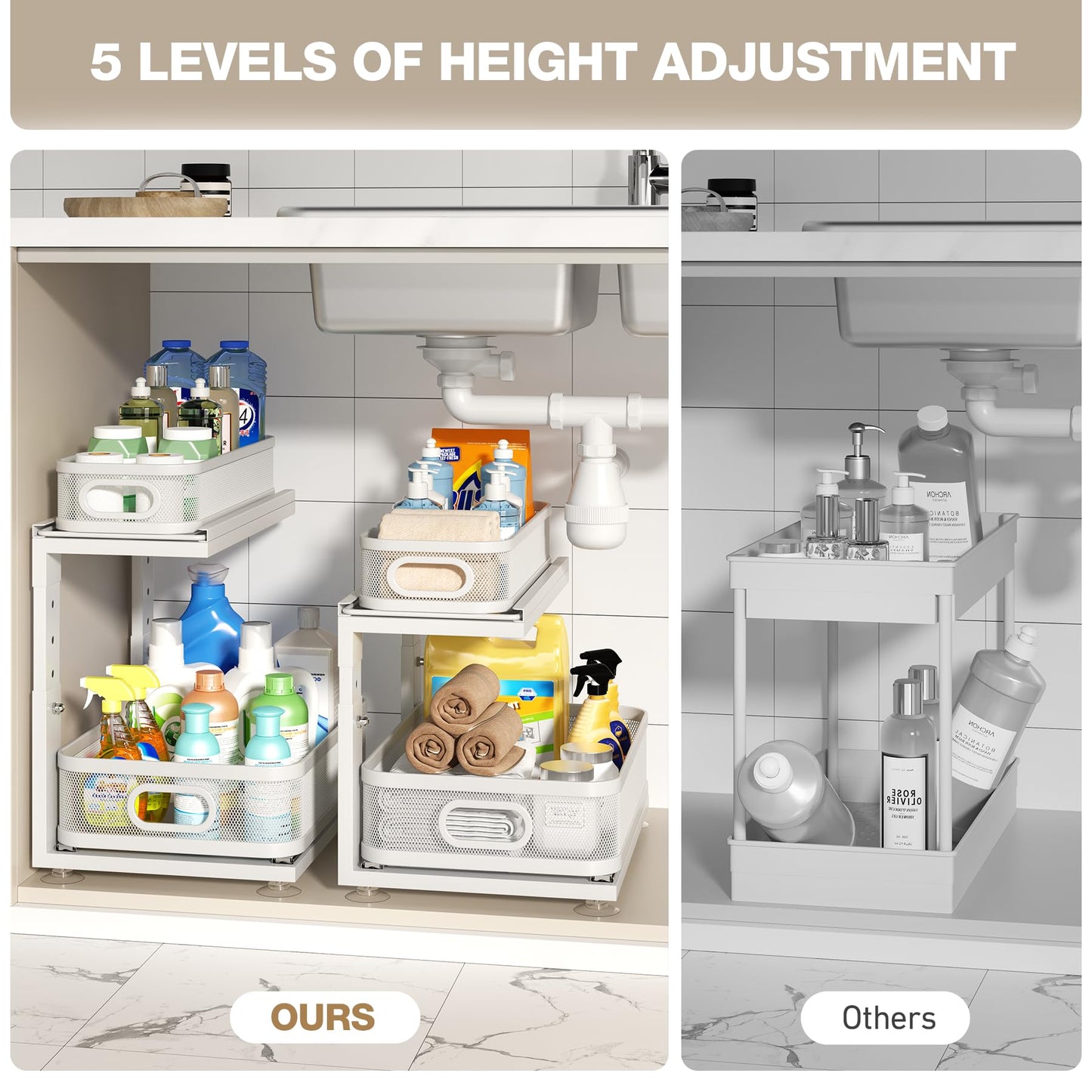 Corbyles 2 Pack Under Sink Organizer With Next-Gen Ball-Bearing Slides,2-Tier Precision Mesh Pull Out Cabinet Drawers Storage for Bathroom&Kitchen,Height Adjustable Shelf,Rust-resistant-Patent Pending