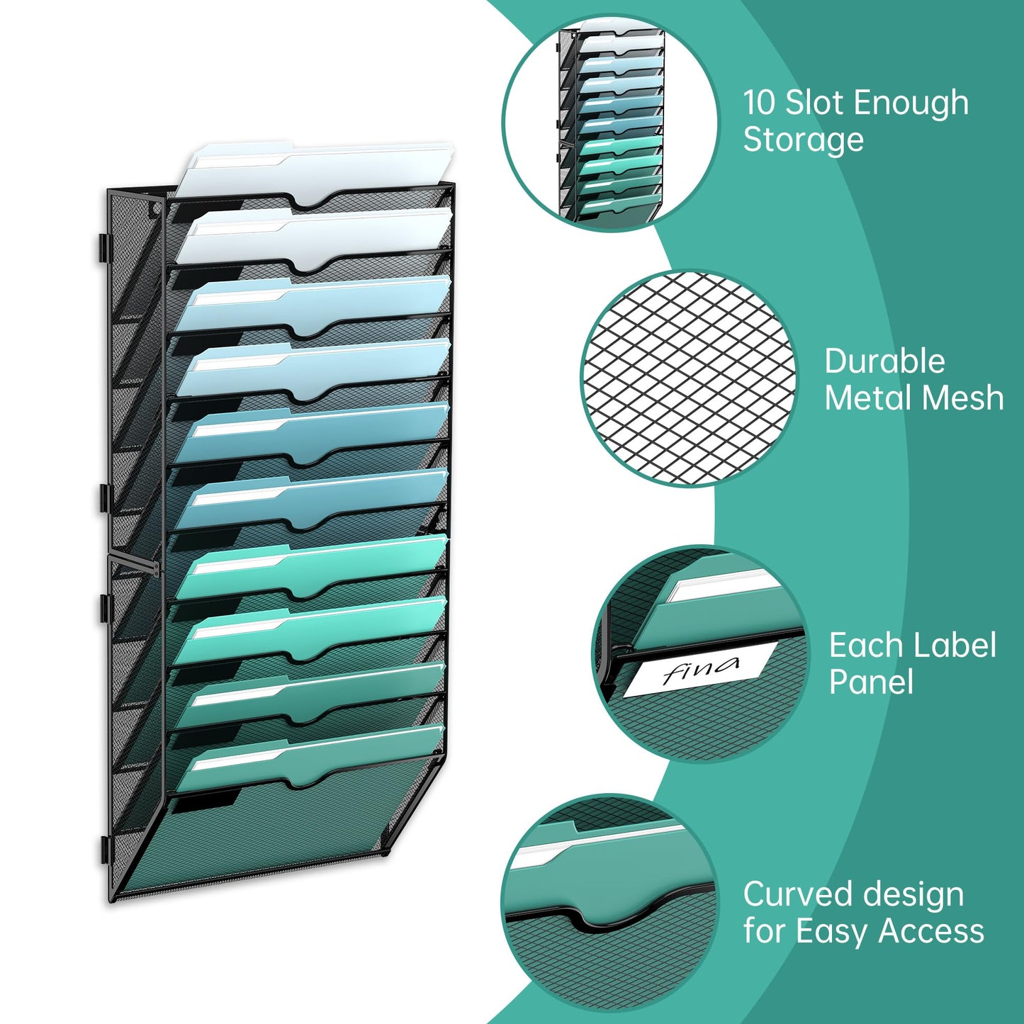 SUPEASY 10-Tier Wall File Organizer, Hanging Wall Files for Papers, Folders, Magazines, Wall Organizer for Clipboard, Assembly Needed, Black, 2 Pack