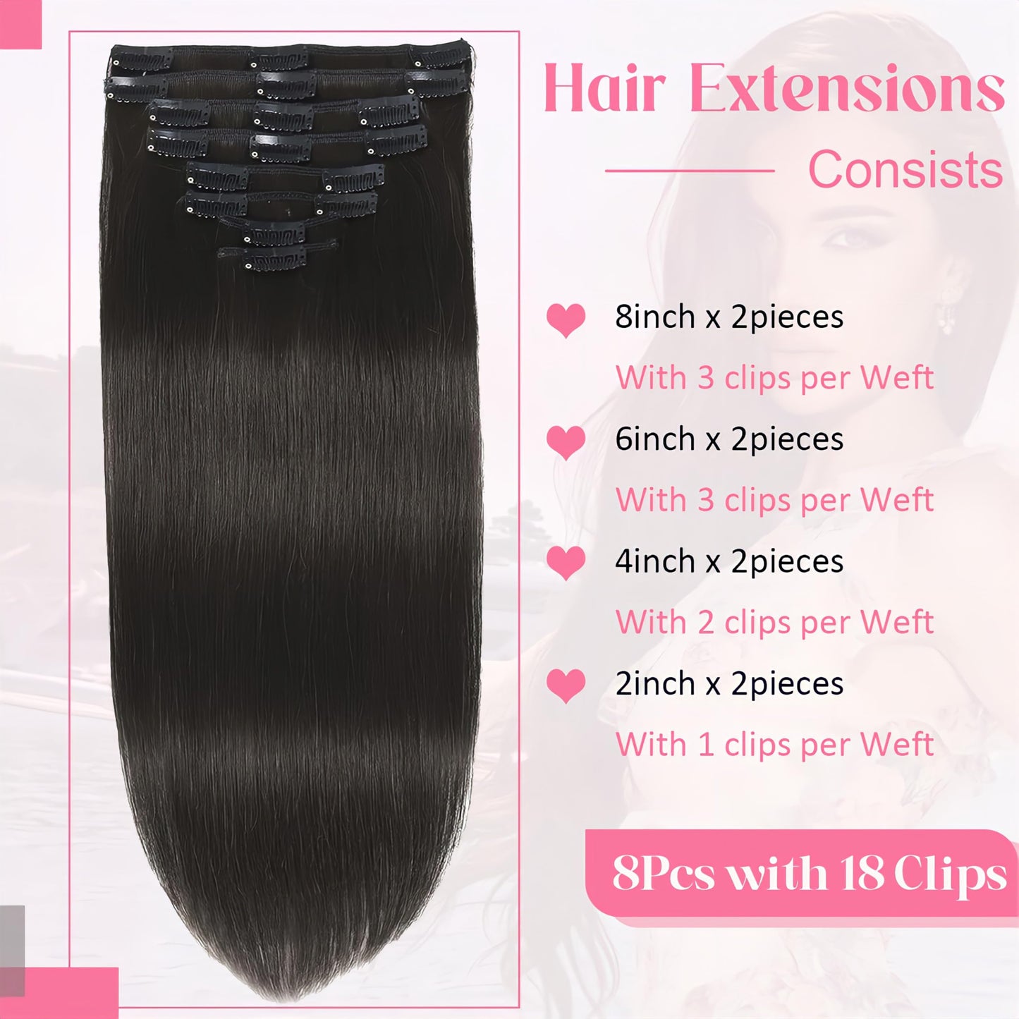 Tebelove Clip in Hair Extensions Real Human Hair, 100g/3.6oz, Clip in 100% Brazilian Remy Human Hair Extension for Women, Double Weft 8pcs Per Set with 18 Clips 1B Natural Black 16 Inch
