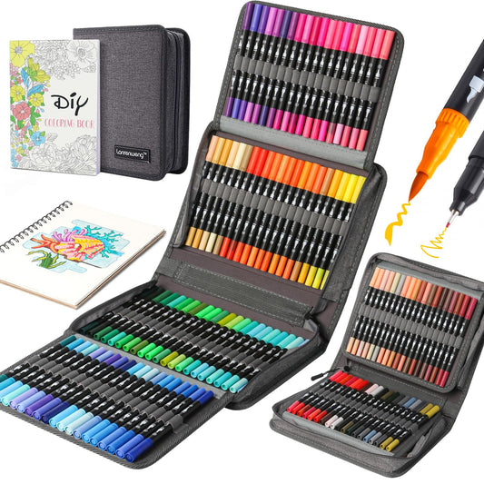 120 Colors Duo Tip Art Markers,LANRENWENG Fine Brush Tip Colored Pens Set with Canvas Bag,Markers Gift for Adult Coloring Books Drawing Sketching Bullet Journaling Calligraphy