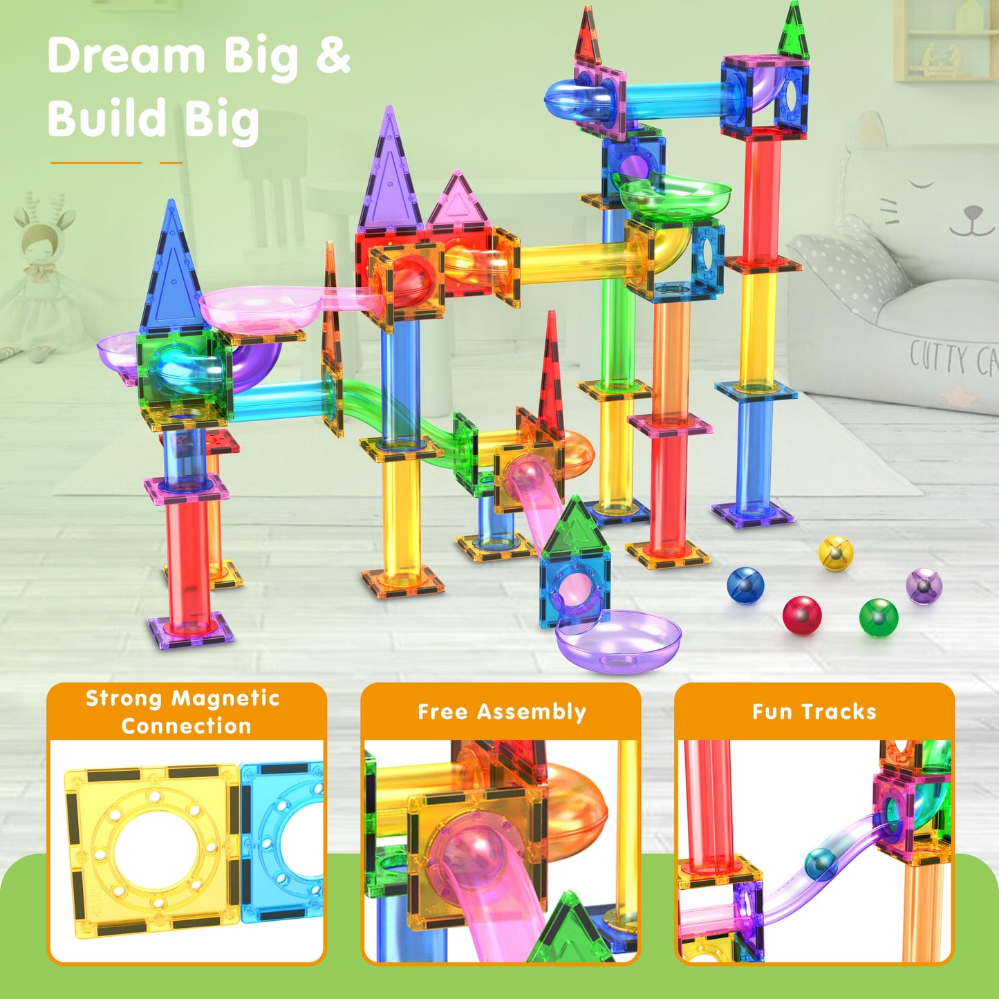 PicassoTiles Marble Run 150-Piece Magnetic Tile Race Track Toy Play Set STEM Building & Learning Educational Magnet Construction Kit Child Brain Development Toys Boys Girls Age 3 4 5 6 7 8+ Years Old