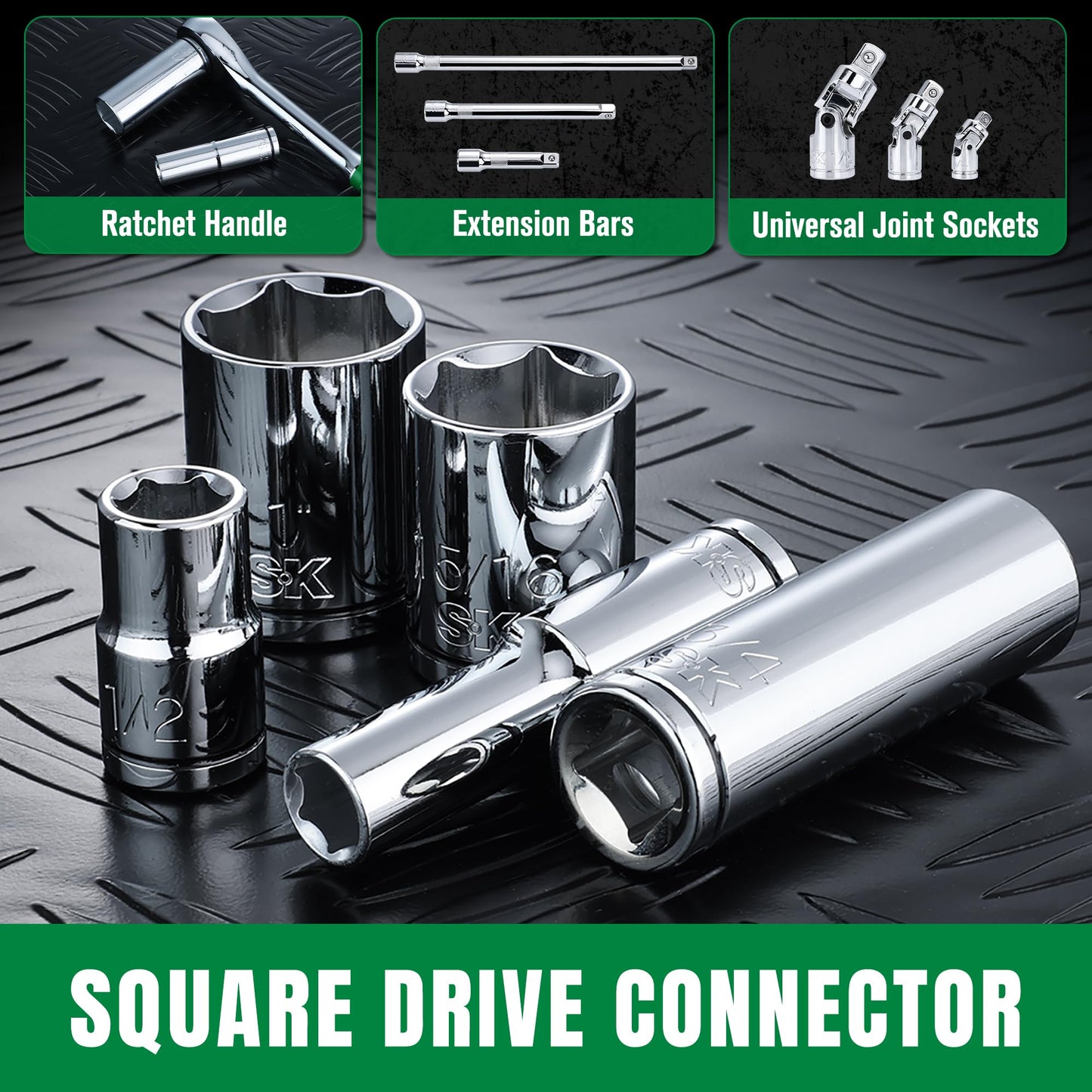 SK 1/2" Drive Socket Set, Deep SAE Sockets, 11-Piece 7/16" to 1-1/16", SuperKrome Finish, Premium CR-V Construction, with Aluminum Socket Organizer