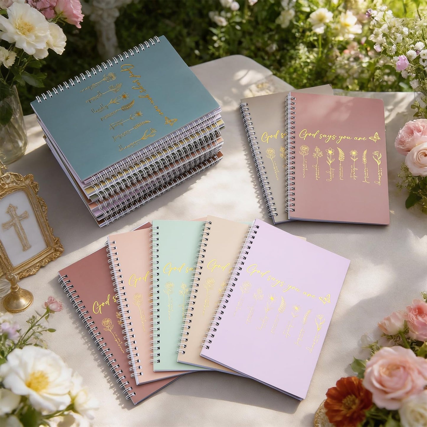 MotiMind 24 Pcs Floral Christian Spiral Notebook Set A5 Christian Gifts for Women God Says You Are Bible Verse Inspirational Prayer Journal with Gold Foil Cover for Church 5.8" x 8.3" (Morandi)