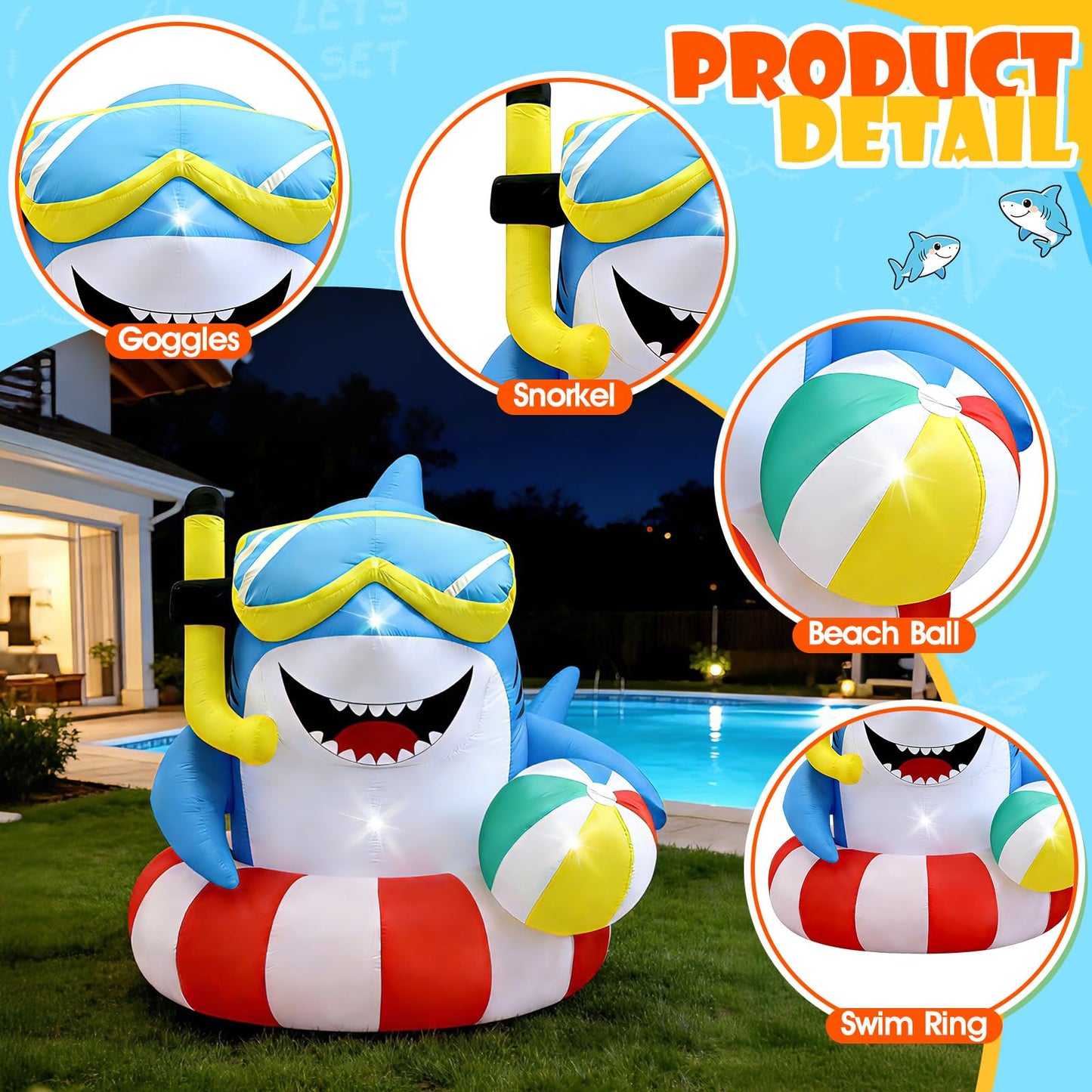 4FT Inflatable Shark with Beach Ball for Summer Outdoor Decor, Blow Up Shark Built-in 3 LED Lights for Beach Pool Ocean Party Decorations, Birthday Party Supplies, Yard Garden Indoor Photo Backdrop