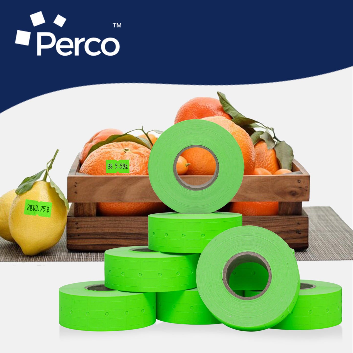 Perco 1 Line Fluorescent Green Labels - 8 Rolls, 1 Sleeve, 8,000 Blank Price and Date Gun Labels for Perco 1 Line Price and Date Guns - Made in USA