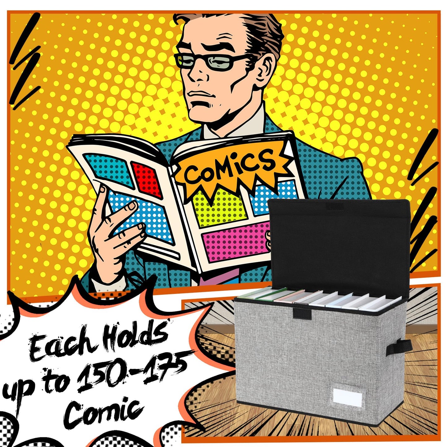 Chuangdi 6 Pcs Comic Book Storage Boxes, Back to School Collapsible Comic Short Box Case with Lid, 15.8 x 7.9 x 11.4 Inch Book Bin Container Holds 150 Comics(Gray)