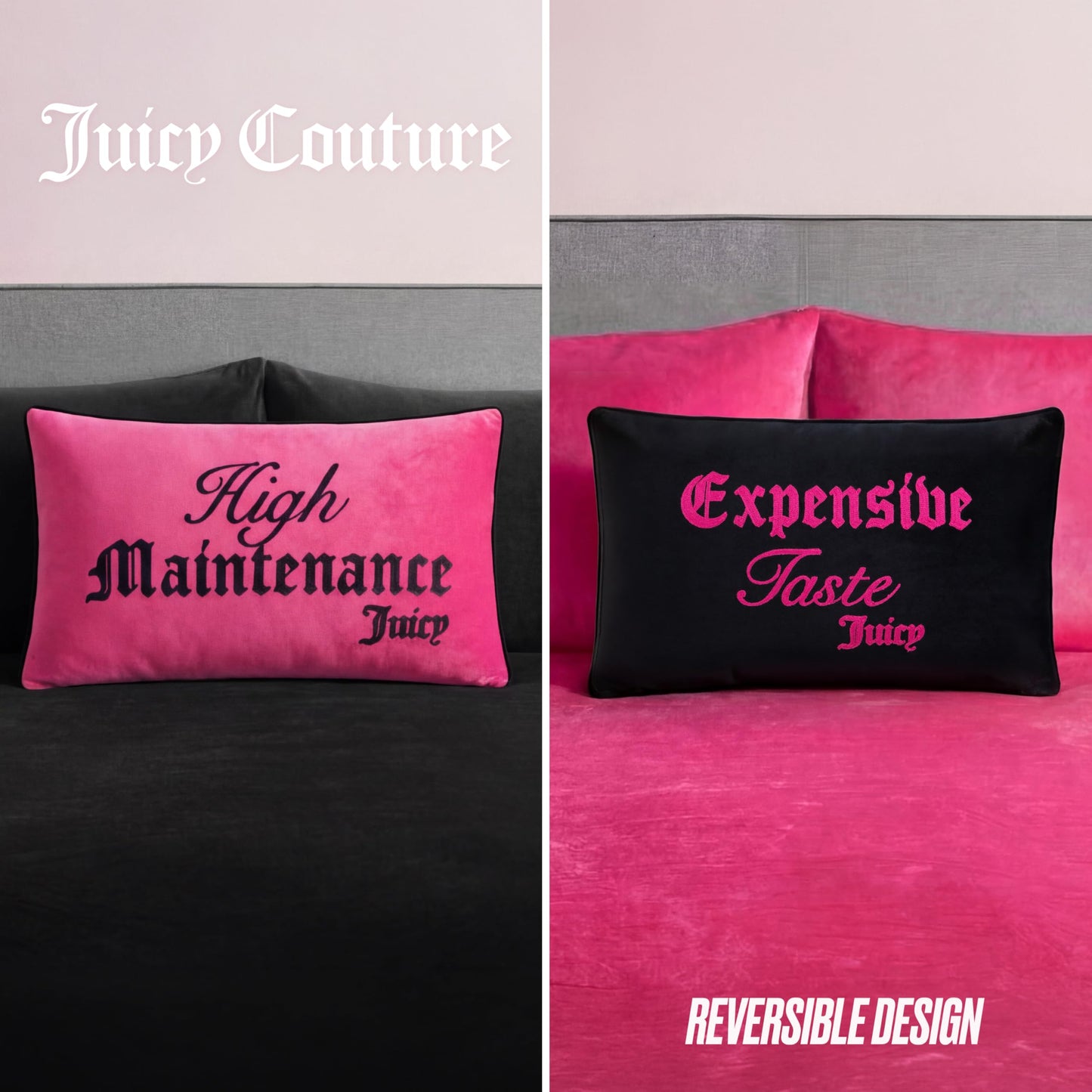 Juicy Couture High Maintenance/Expensive Taste Reversible 14" x 24" Decorative Pillow, Hot Pink/Black