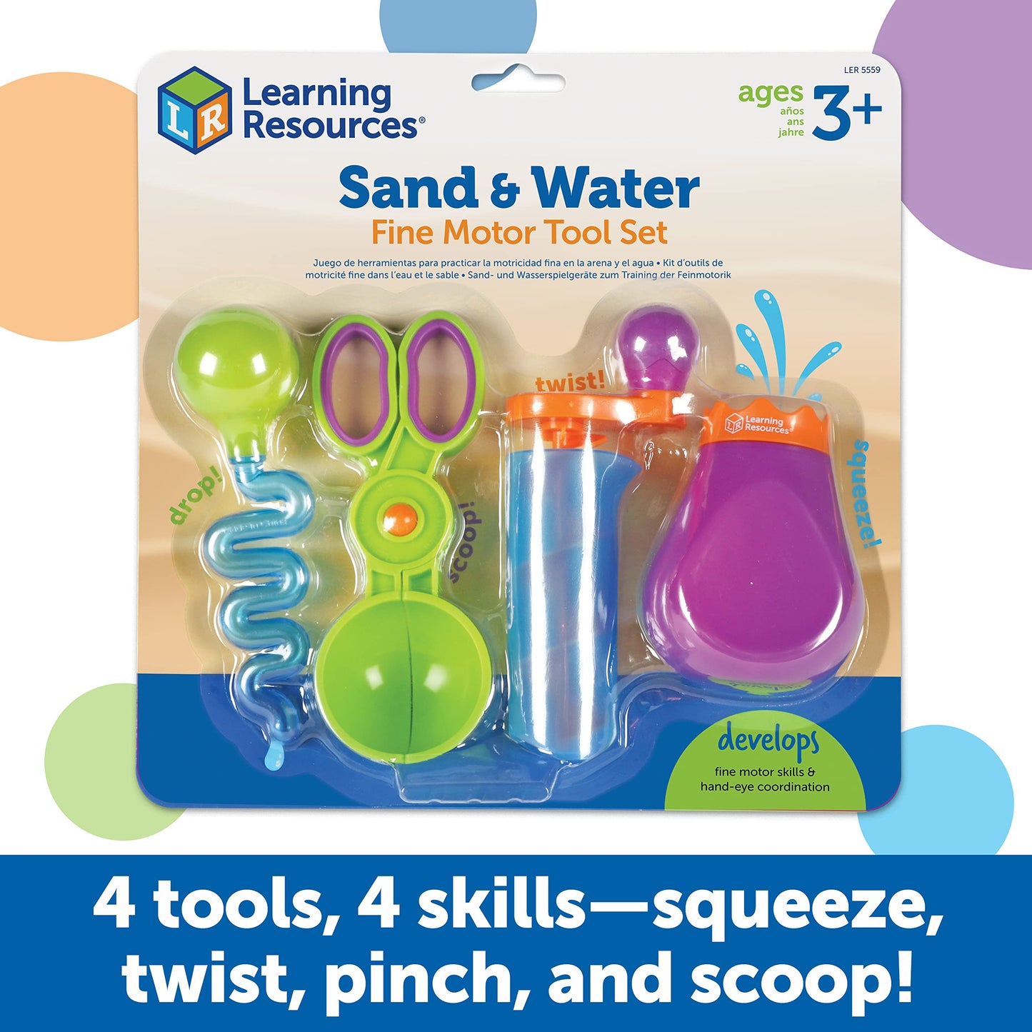 Learning Resources Sand & Water Fine Motor Set, Construction Toy, 4 Pieces, Ages 3+ (LER5559)