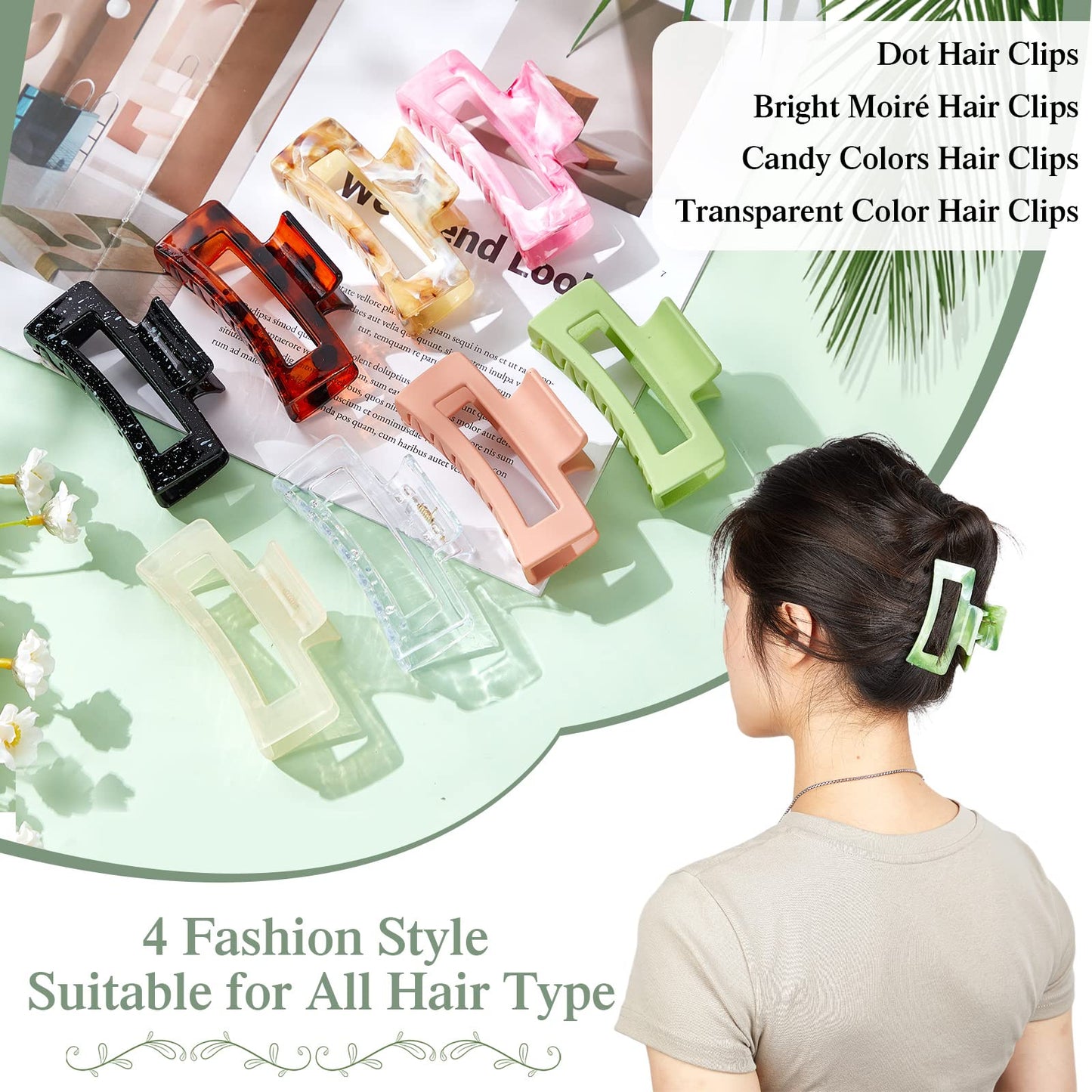 Cindeer 64 Pcs Medium Hair Accessories Set - Matte Rectangle Claw Clips, Thin Clamps for Thick Hair (Multicolor, 3.35 Inch)