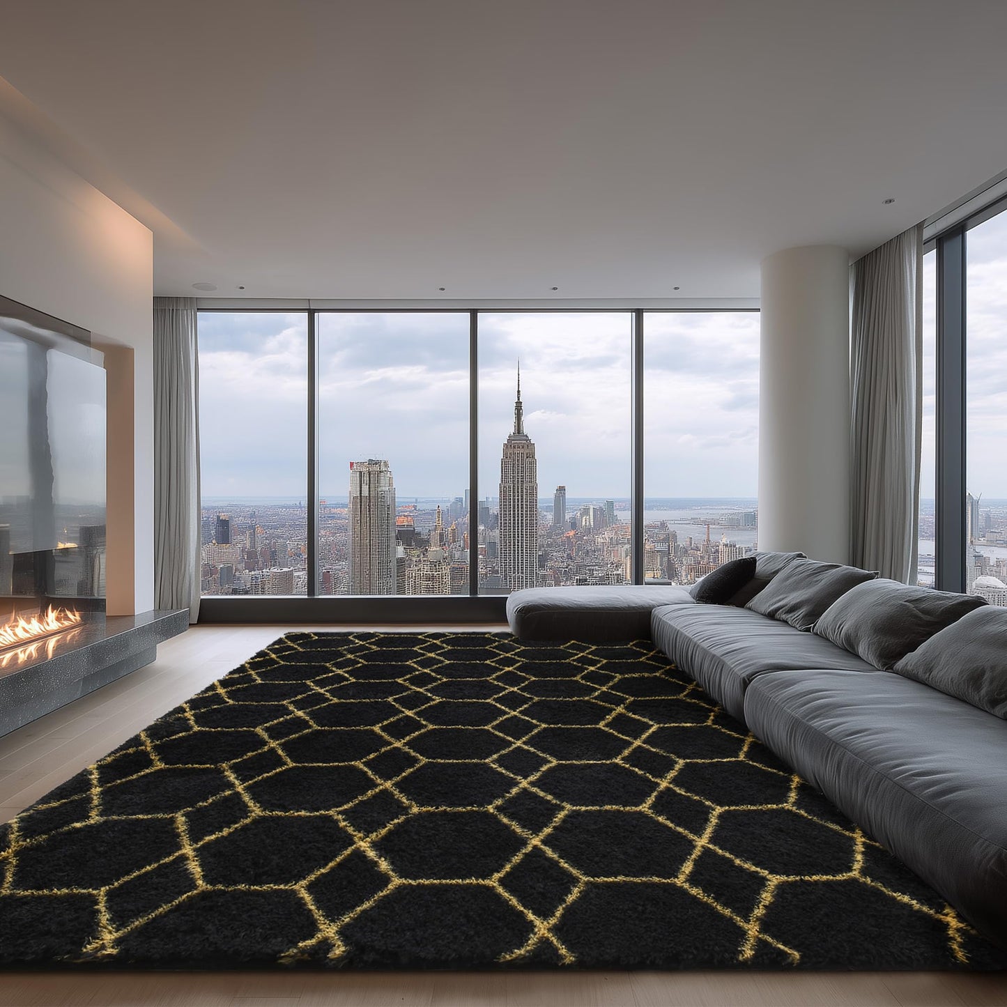 ARKIIKI Large Rugs for Living Room, 8x10 Black Fluffy Bedroom Area Rug, Shag Geometric Soft Fuzzy Carpets Big Kids Room Rug, Non-Slip Plush Modern Rug for Office Home Decor Aesthetic, Black/Gold