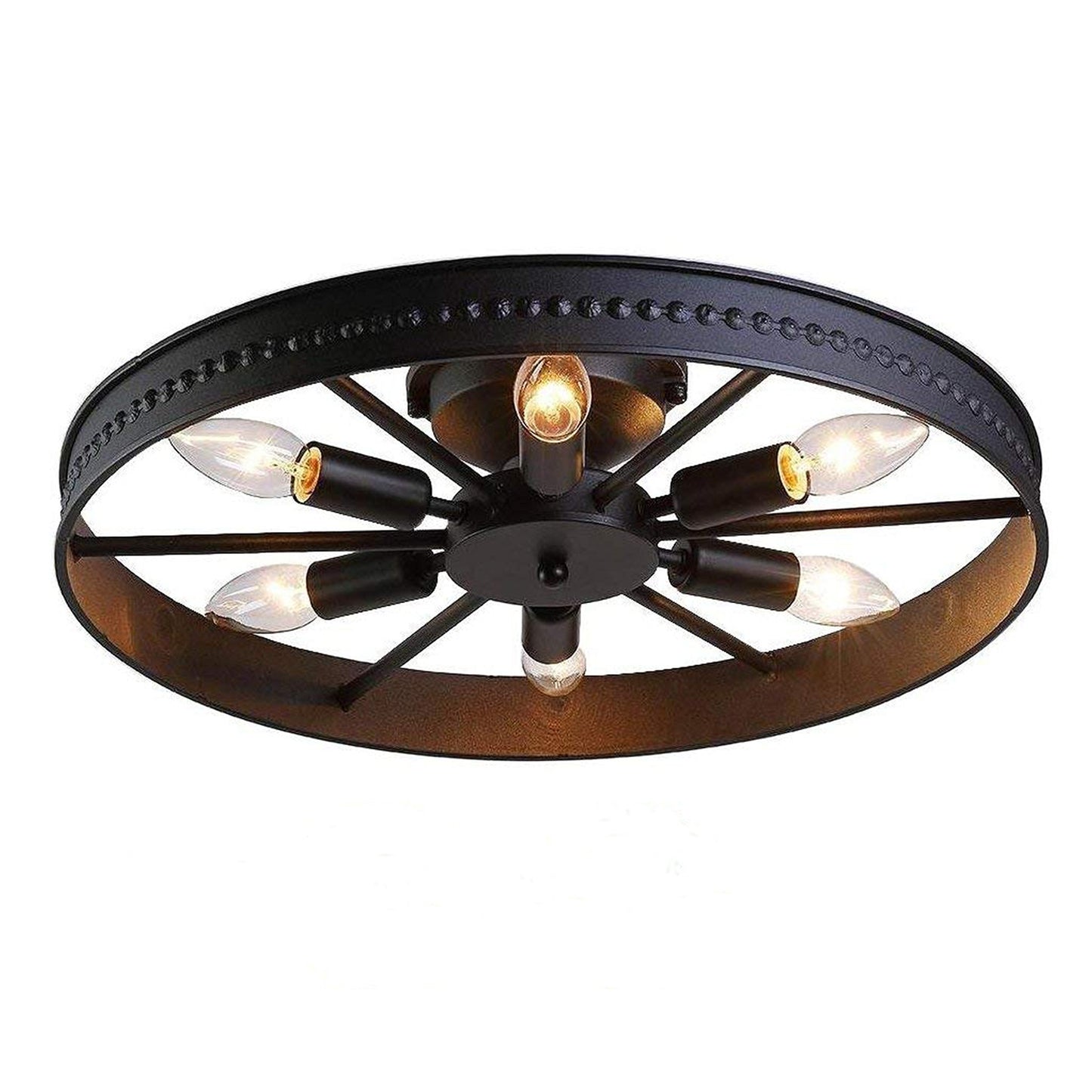 KJLARS 6-Lights Rustic Metal Ceiling Light Fixture Black Round Industrial Living Room Light Semi-Flush Mount Farmhouse Chandelier for Kitchen Island Dining Room Entryway Bedroom Hallway