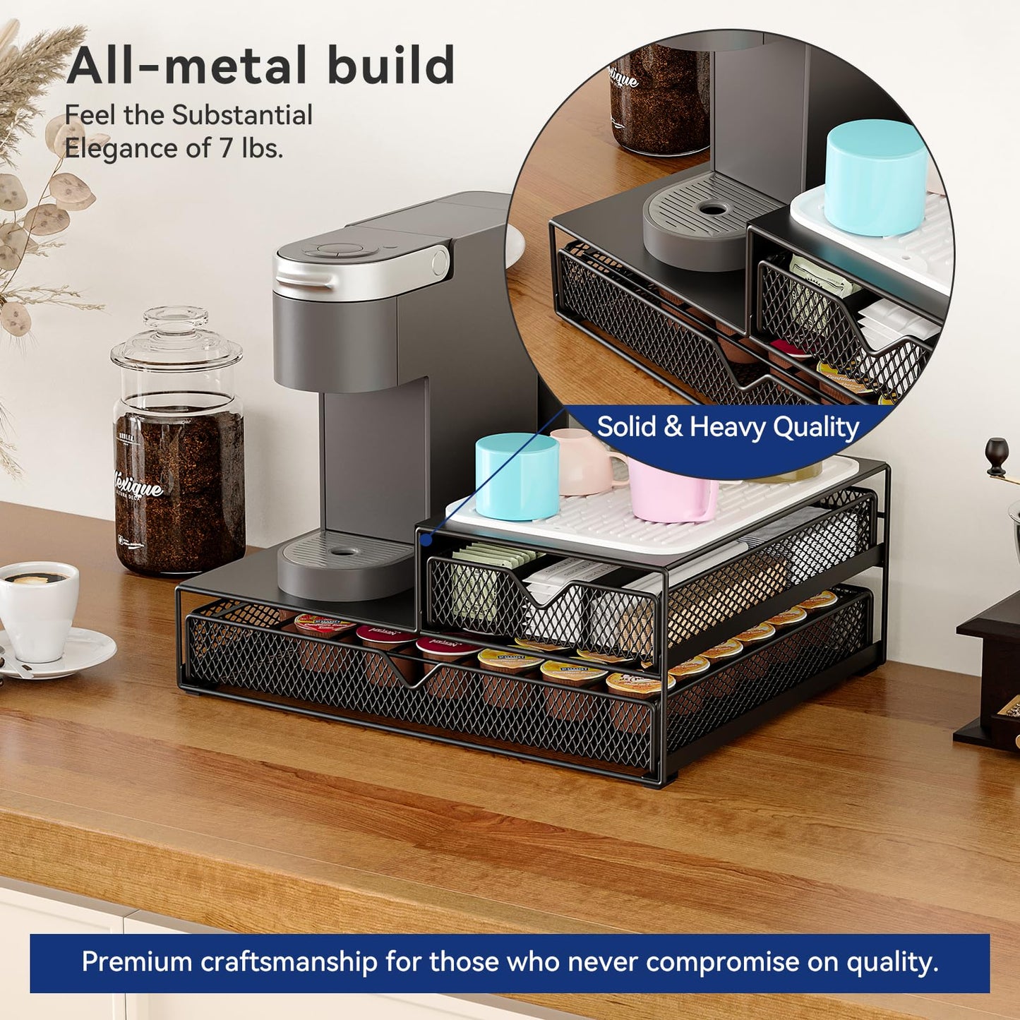 K Cup Organizer for Coffee Station - Sturdy Machine Base 60 Coffee Pod Storage Drawer, Non-Sagging Stand Compatible with Keurig K-Cup Pods, Anti-Vibration, No Assembly (Black)