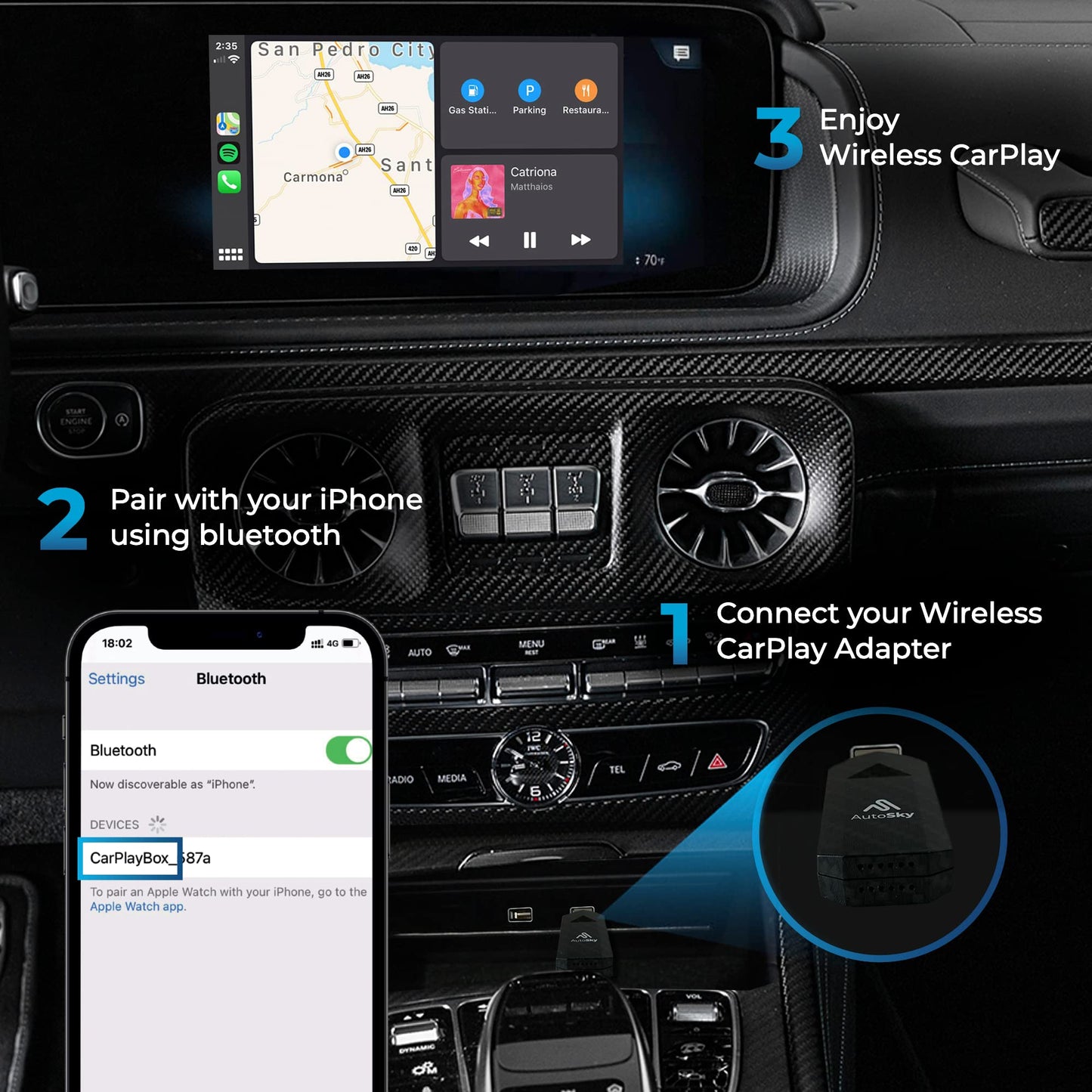 Wireless CarPlay Adapter 2023 Pro Slim Edition - Smallest and Fastest Wireless CarPlay Adapter - AutoSky - Factory Wired CarPlay Cars – USB-A and USB-C Cables – Wired CarPlay Required
