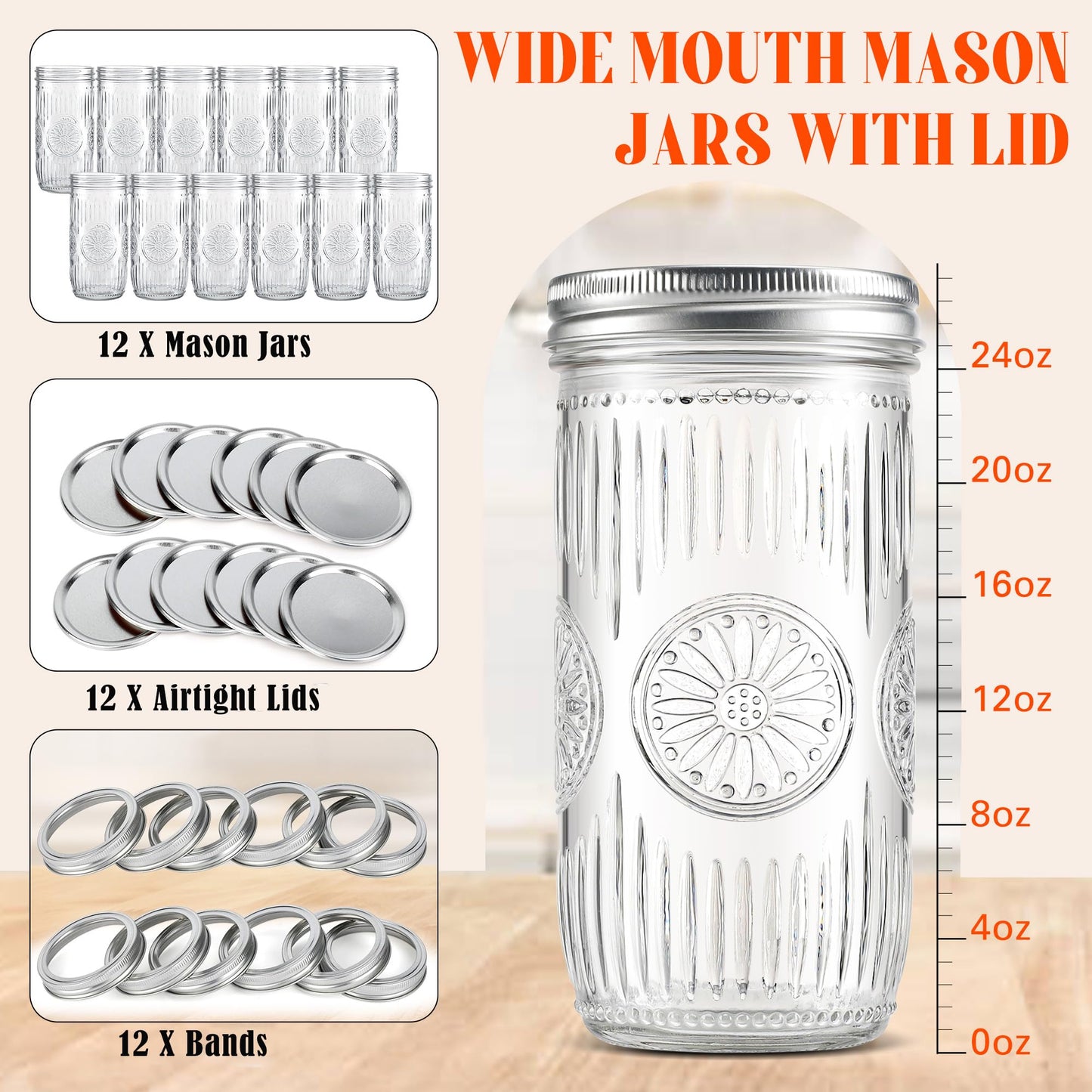 Qumuauu 12 Pack 24 oz Tall Wide Mouth Mason Jars – Pint and a Half Glass Canning Jars with Airtight Metal Lids & Bands for Pickling, Fermenting, Cold Brew, Overnight Oats, Meal Prep