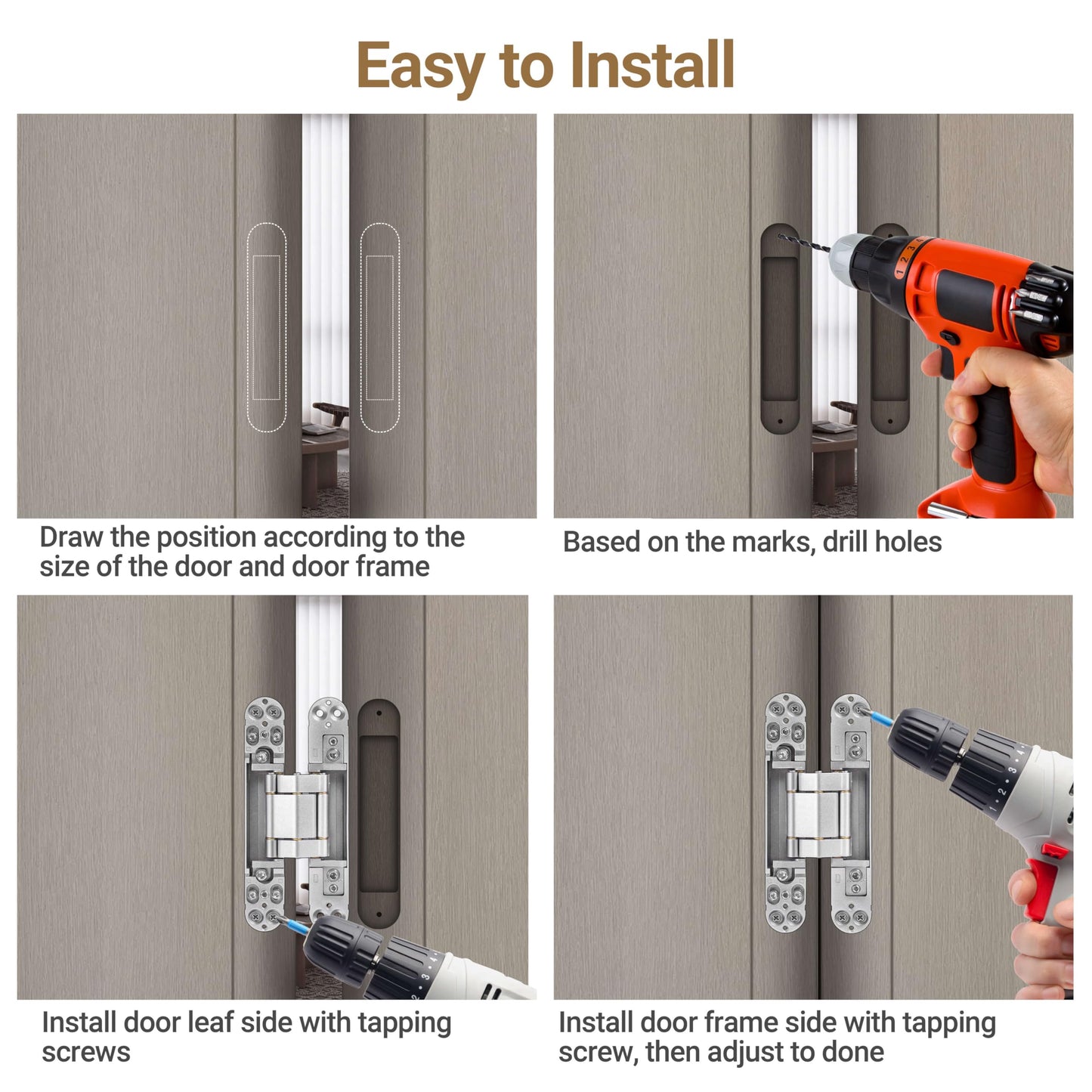 Upgraded Invisible Door Hinges (4 pcs) -6 Inch Sliver Hidden Hinges for Doors, 3 Way Adjustable & 180 Deg Swing & Copper Support Invisible Hinge, Heavy-Duty Concealed Door Hinges 88Lbs Load-Bearing