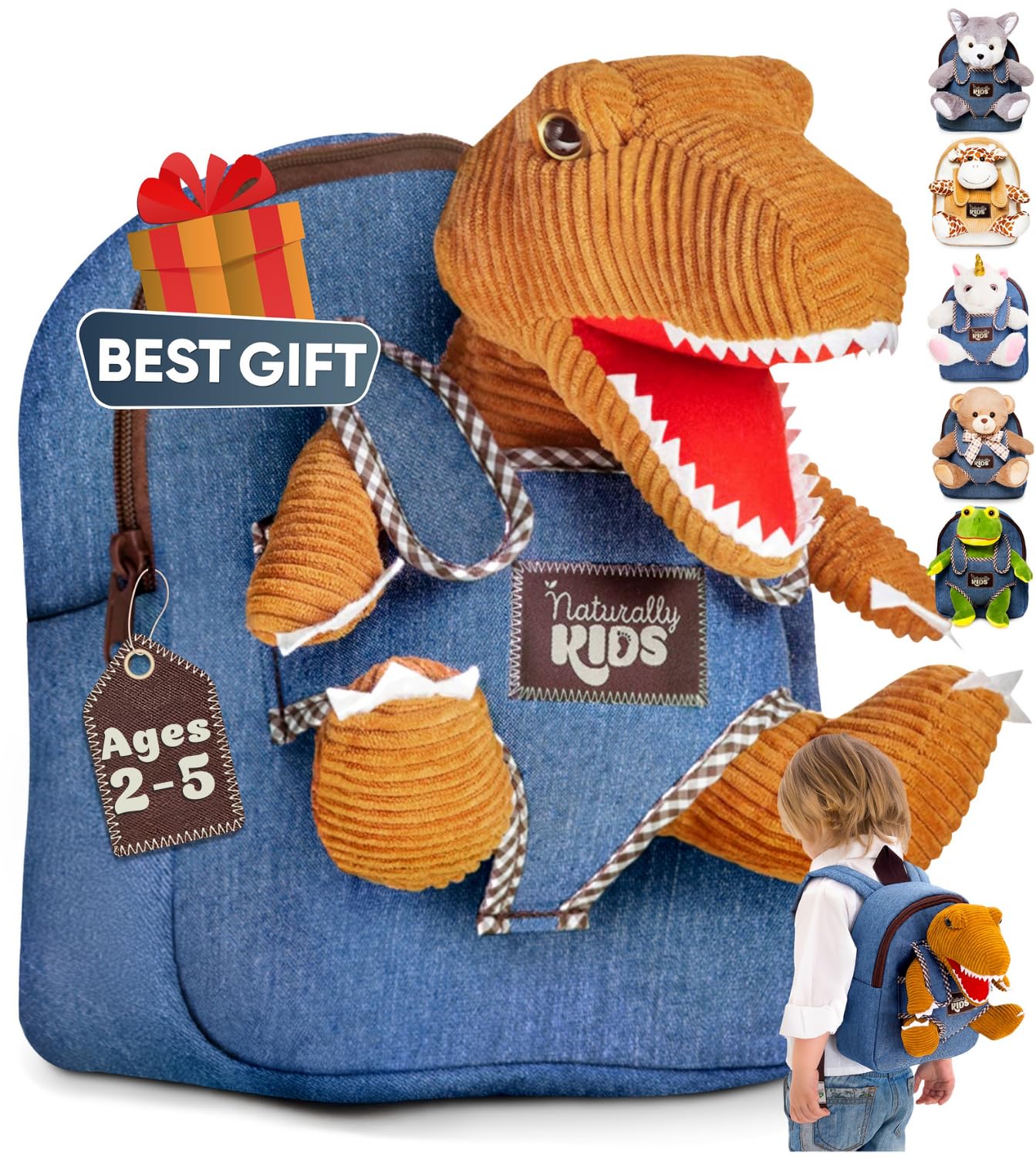 Naturally KIDS Toddler Backpack w Stuffed Animal Toy, Small Kids Backpacks for Grls Boys, Toddler Gifts, Dinosaur Toys
