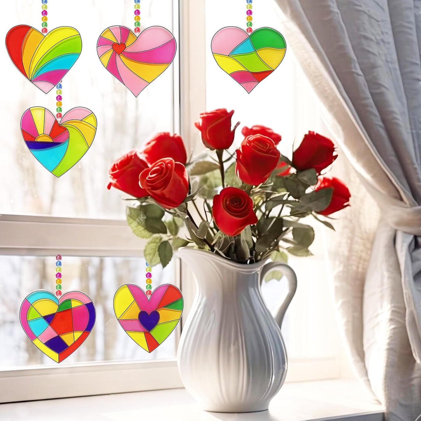 Ayhuhra 30 Sets Valentines Heart Suncatchers for Windows Glow in The Dark Valentines DIY Window Paint Art Suncatchers for Valentine's Day Gift Exchange Mother's Day Art Craft Party Supplies
