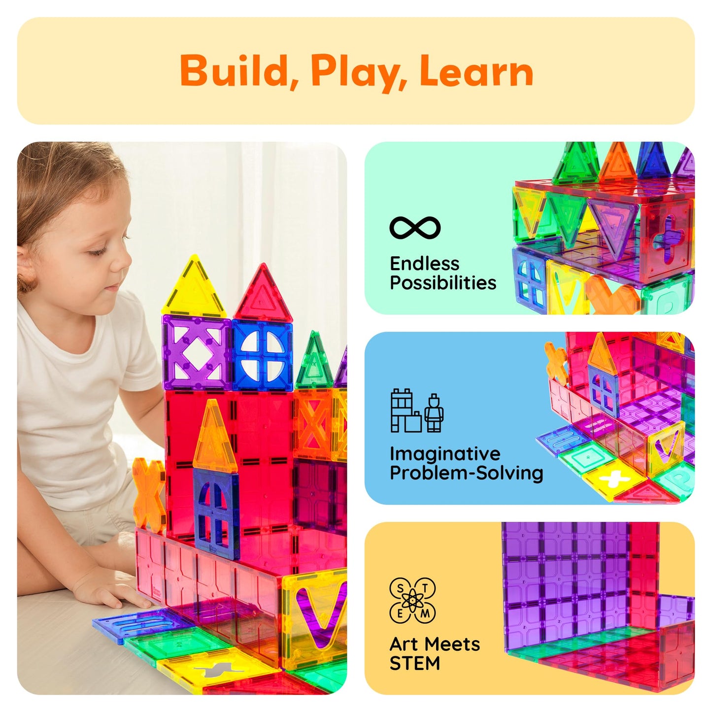 PicassoTiles 60pc Magnetic Building Block Magnet Tile Toy Shop Theme Pretend Play Construction Kit Reconfigurable Printed Structure Double-Sided Printing Education STEM Learning Playset Ages 3+ PTQ50