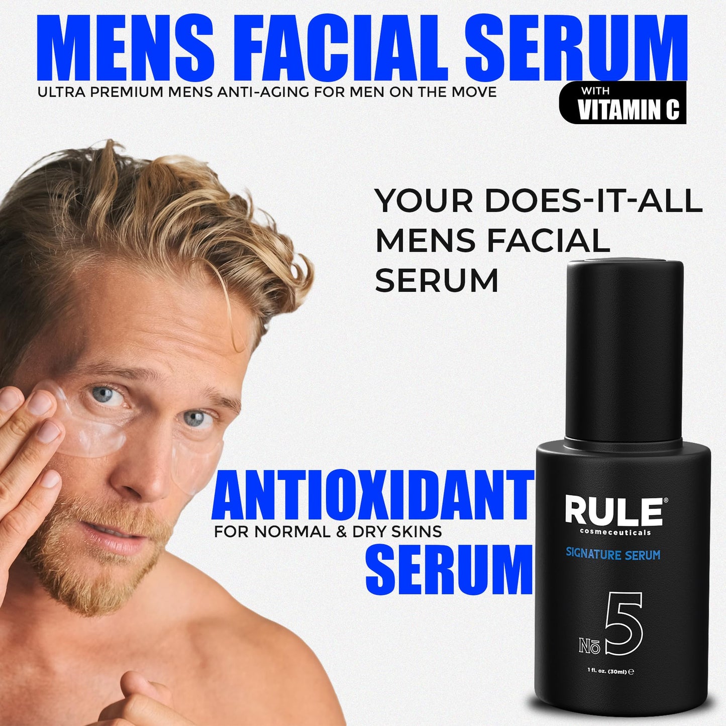 RULE Vitamin C Face Serum for Men with Hyaluronic Acid, Caviar & Niacinamide - Anti Aging Serum for Face Fine Lines, Wrinkles, Dark Spots, Brightening Skin - Antioxidant Facial Serum for Men, 1 Fl Oz