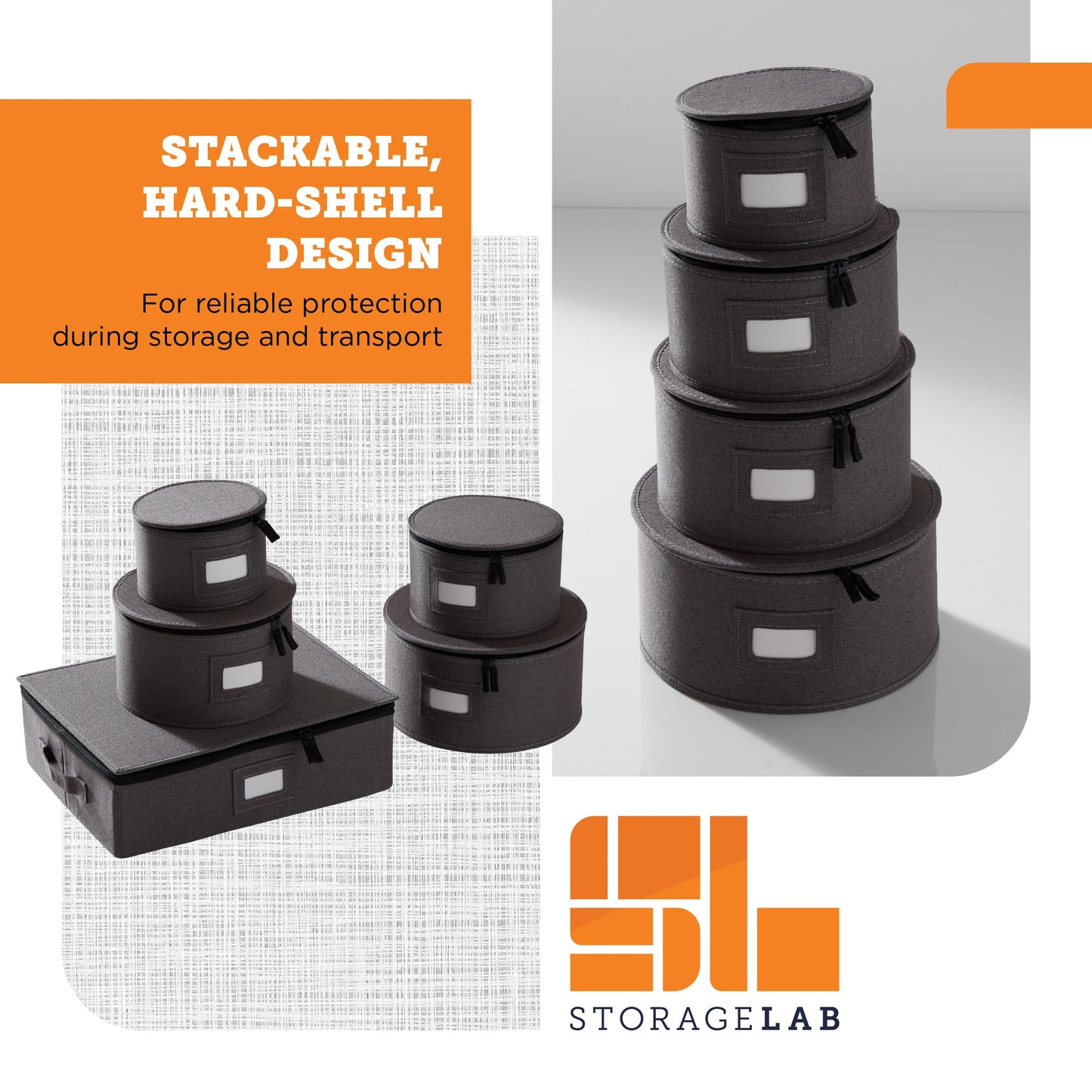storageLAB China Storage Containers, Hard Shell Case with Felt Dividers for Charger Plates, and Dishes, Ideal for Kitchen Organization, Moving Supplies, and Fine China Storage - 5-Piece Set, Gray
