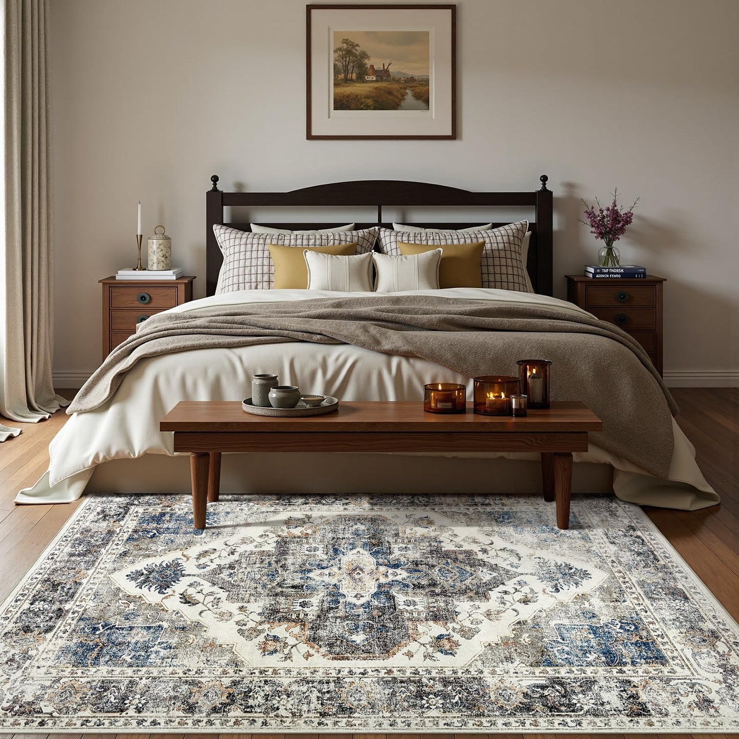 jinchan 6x9 Large Area Rug Vintage Washable Non-Slip Rug for Living Room Bedroom Dining Room Kitchen Home Office Thin Elegant Retro Lightweight Chenille Rug Blue Grey