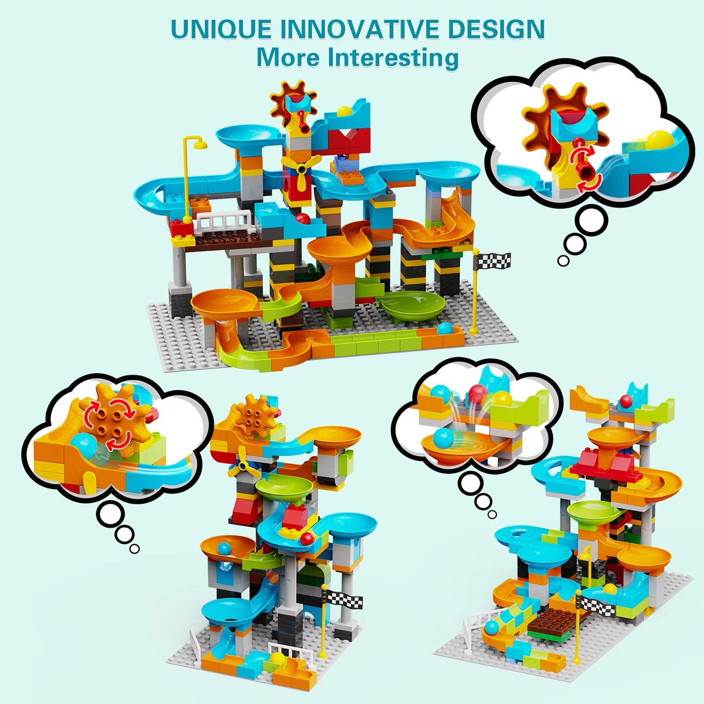 JIXIn 3in1 Marble Runs for Kids 4-8/Building Blocks Compatible with LEGO DUPLOS for Age 2-5/Marble Run for Kids Ages 3-5 STEM Toy Set with 164 Pcs Classic Big Block/Gift Toys for Kids Age 3 4 5 6 7 8+