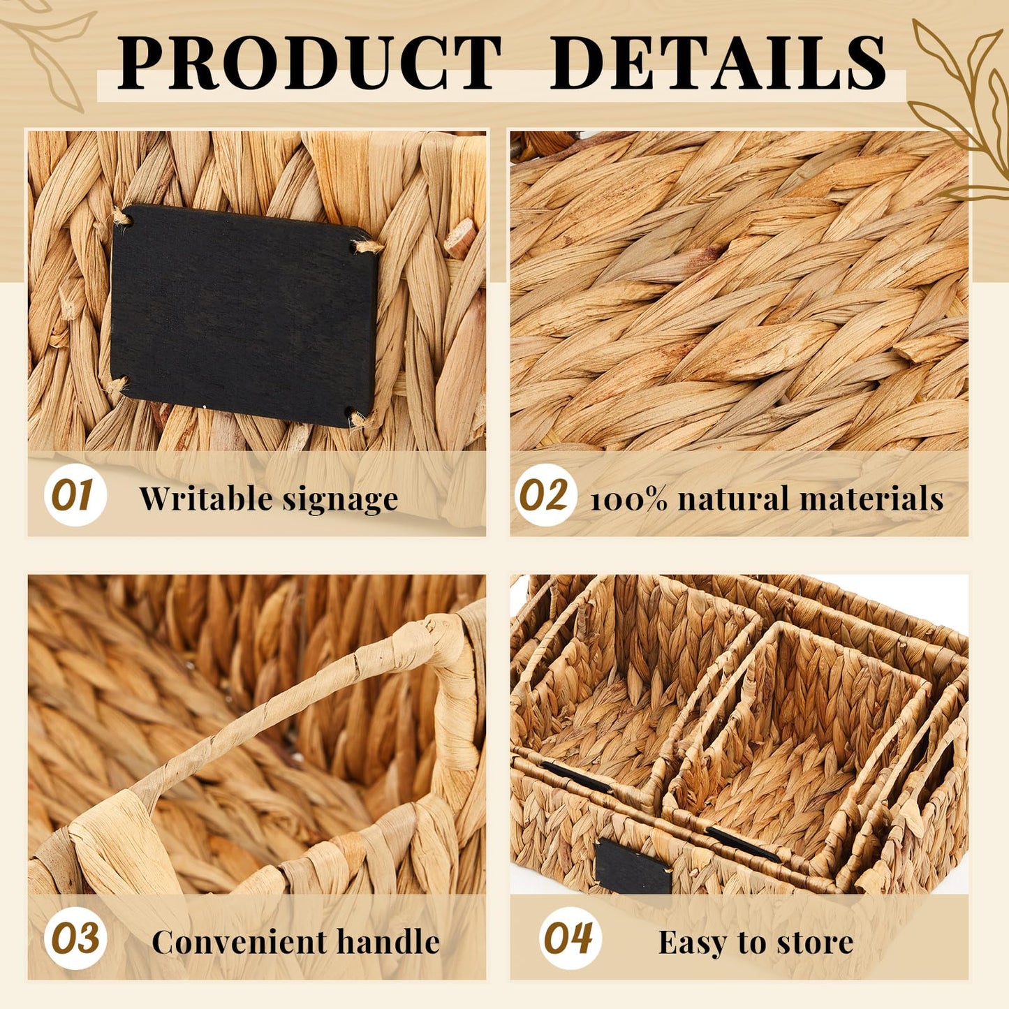 Wonderjune 4 Pcs Natural Water Hyacinth Storage Baskets Set Stackable Handwoven Wicker Storage Bins with Chalkboard Label Built-in Handles Woven Container Basket Kitchen Storage Baskets for Shelves