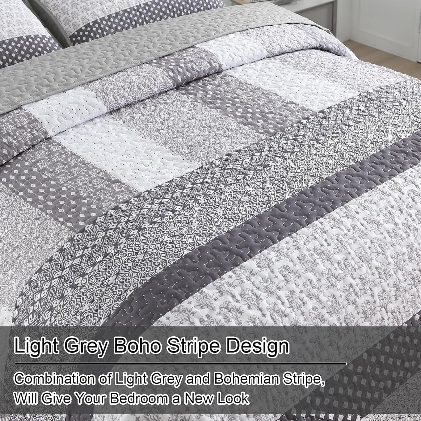 WONGS BEDDING Grey Quilt King Size, Bohemian Stripe Quilt Sets 3 Pieces Boho Quilted Bedspread Set Lightweight Microfiber Coverlet Bedding Set All Season (104"x90")