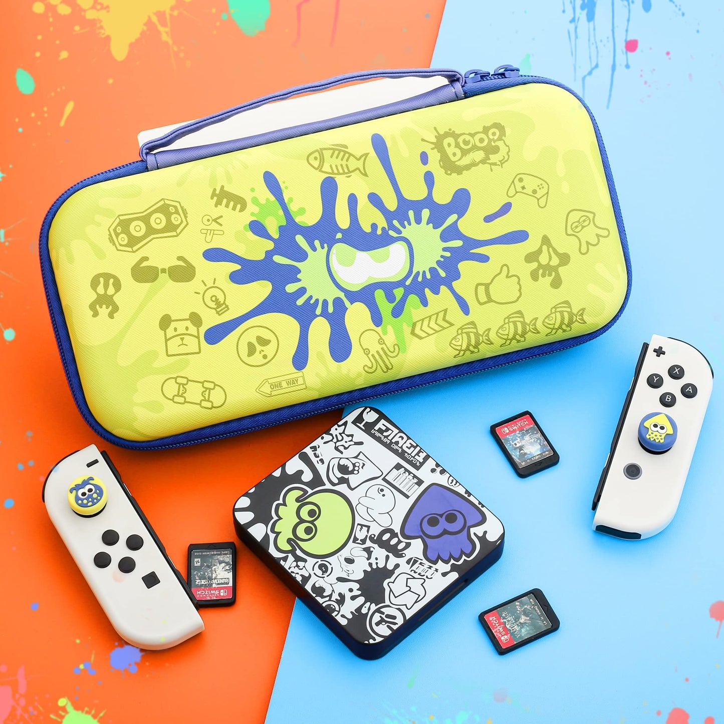 RHOTALL Blue Carrying Case for Nintendo Switch & Switch OLED Cover for splatoon 3, Hard Portable Travel Case for Switch Game Accessories Bundle Kit with Game Case and 2 Thumb Caps - for boys girls