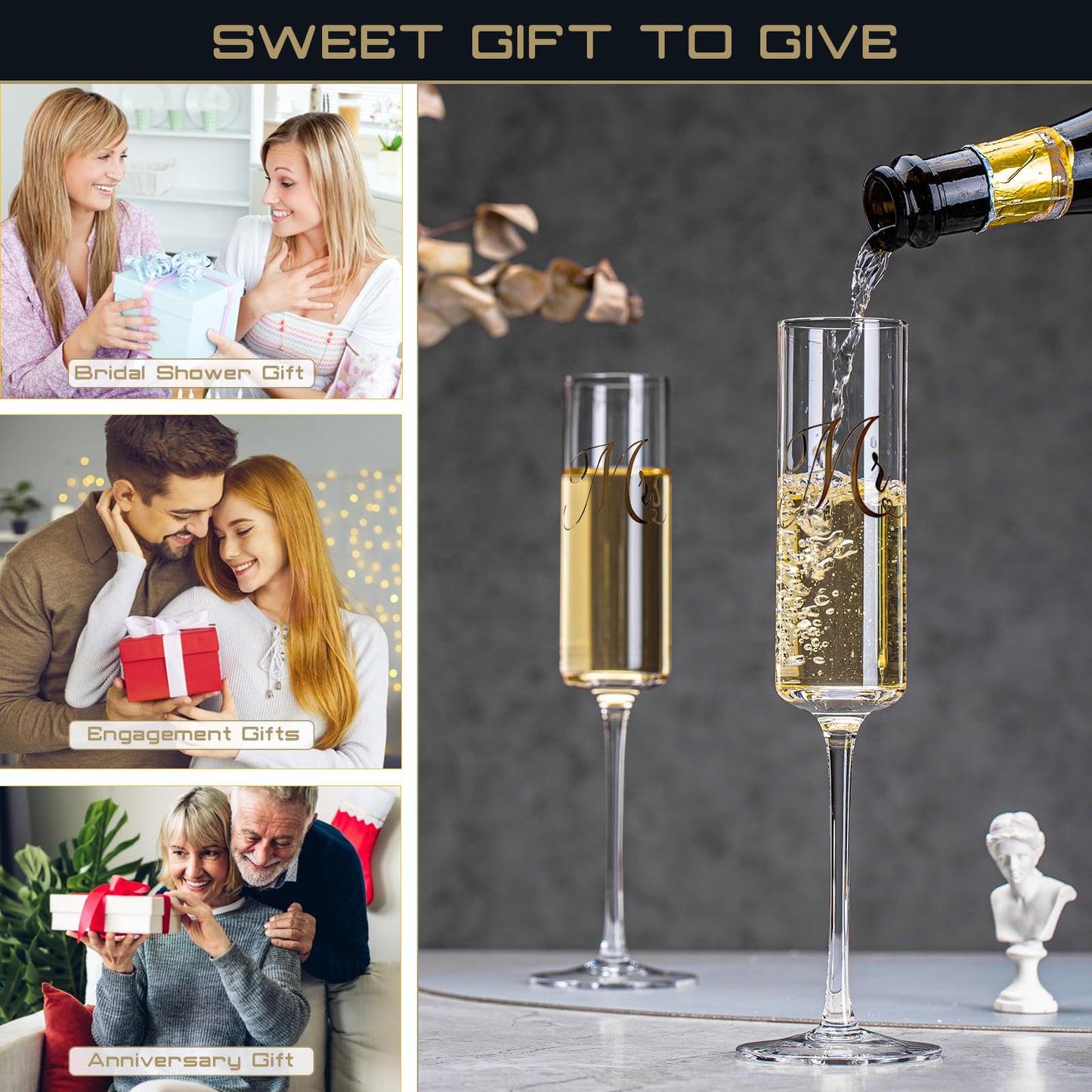 Yeegook Wedding Gifts for Bride and Groom, Mr and Mrs Champagne Flutes, Bridal Shower Gifts, Engagement Gift, Wedding Toasting Glasses with Cake Cutting Set for Wedding Anniversary Engagement