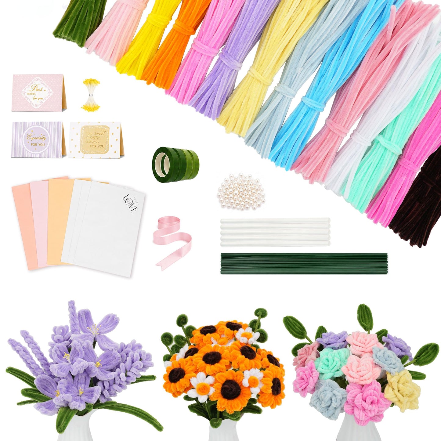 900pcs Pipe Cleaners Craft, Pipe Cleaner Bulk Flower Kit, 14 Colors Pipe Cleaners Bulk with Flower Stems, Stamens, Floral Tape & Ribbon for DIY Bouquets, Art and Craft Supplies